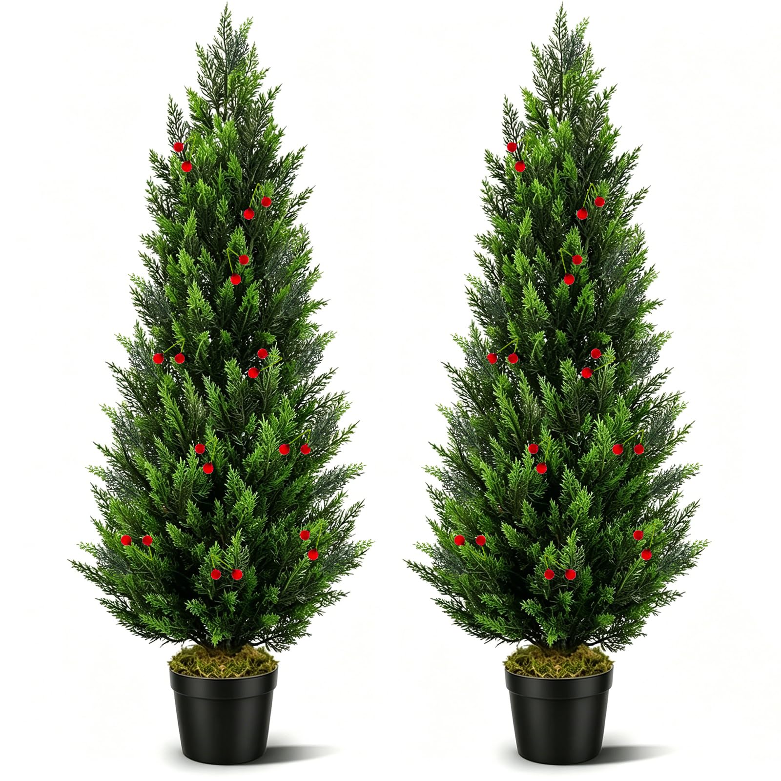 KARYLLYD 4FT/120CM Topiary Trees Set of 2, Artificial Trees Outdoors - Topiary Cedar Tree Indoor, Christmas Tree Front Porch Decor for Home Front Door with DIY Berry Decor, Faux Pine Shrubs Plants