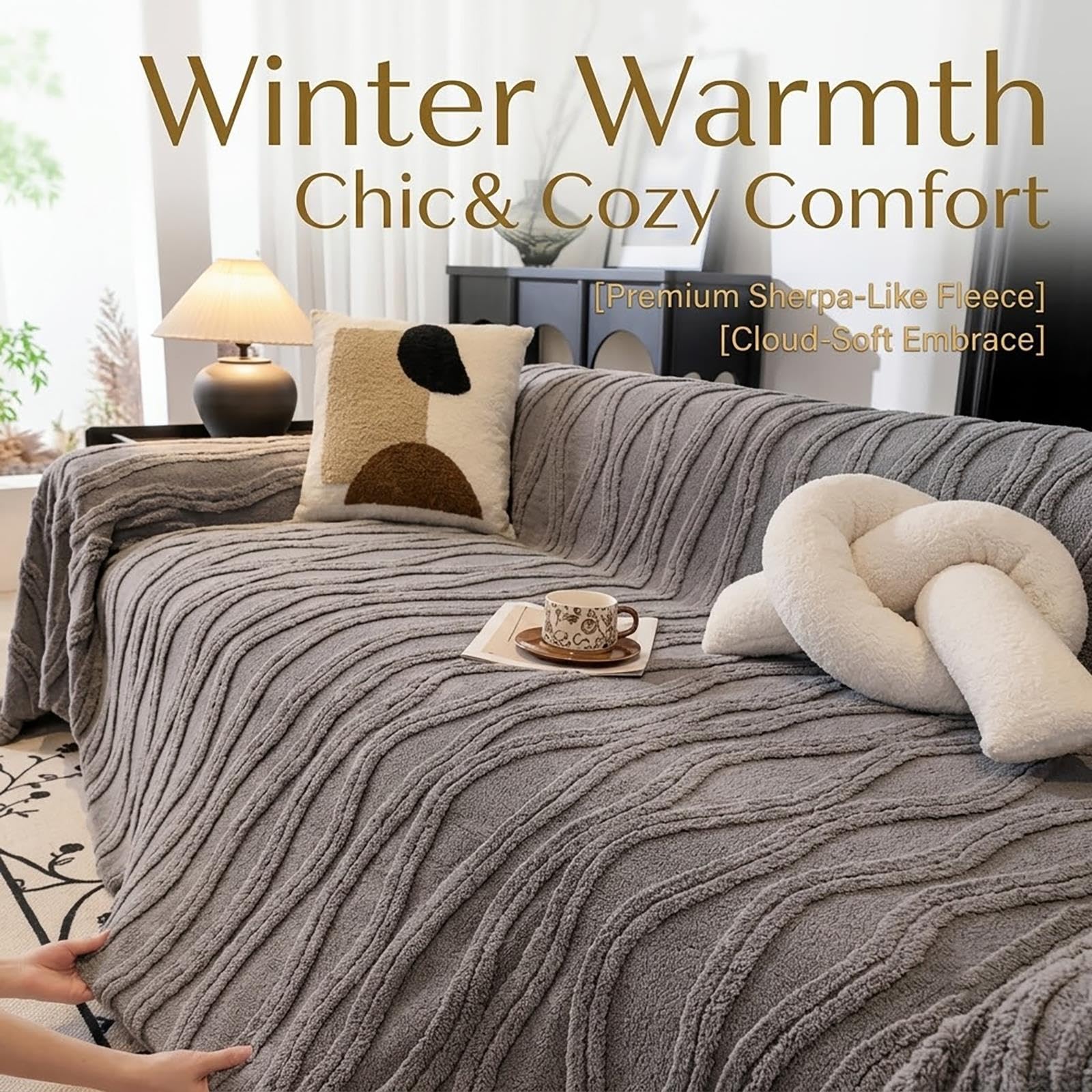 Plüsch-Sofabezug/Möbeldecke – Rutschfester, gesteppter Couchbezug für das Wohnzimmer(Grey,E)