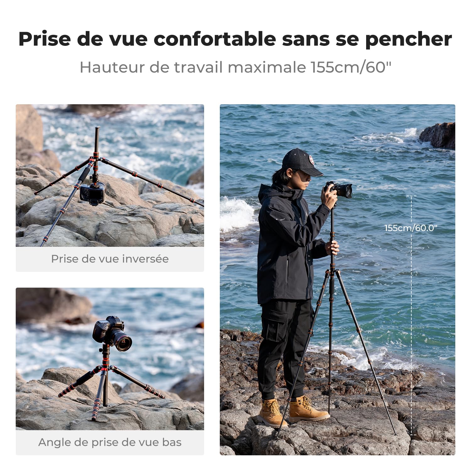 K&F Concept Trepied Carbone Monopode Appareil Photo 153cm, Trépied Professionel Compact A225C0 pour DSLR, Trepied Voyage Leger 5 Sections avec Rotule Metal Sac Transport Inclus Max:8kg