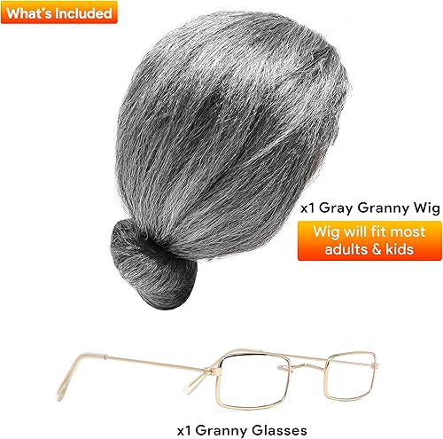 Miniatura 2 de Skeleteen Juego de disfraz de anciana peluca de abuela gris y lentes rectangulares dorados falsos para abuela para mujeres y niñas