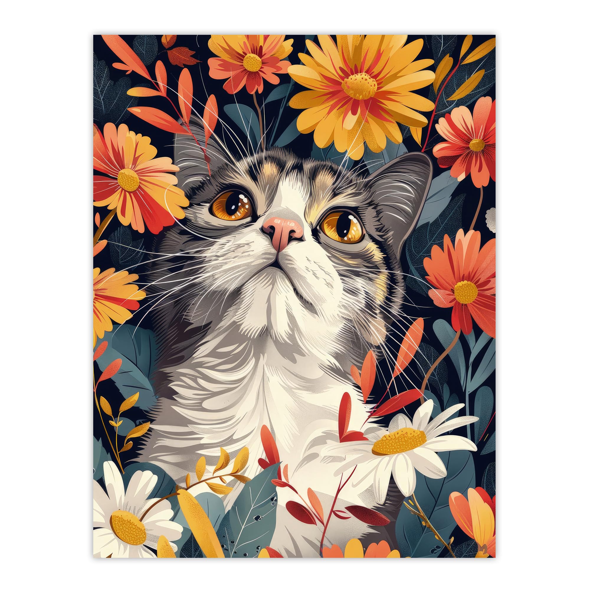 Cat in Wildflowers Wall Art Print - Animal Lover Floral Poster - W24 inch x H32 inch - Artery8