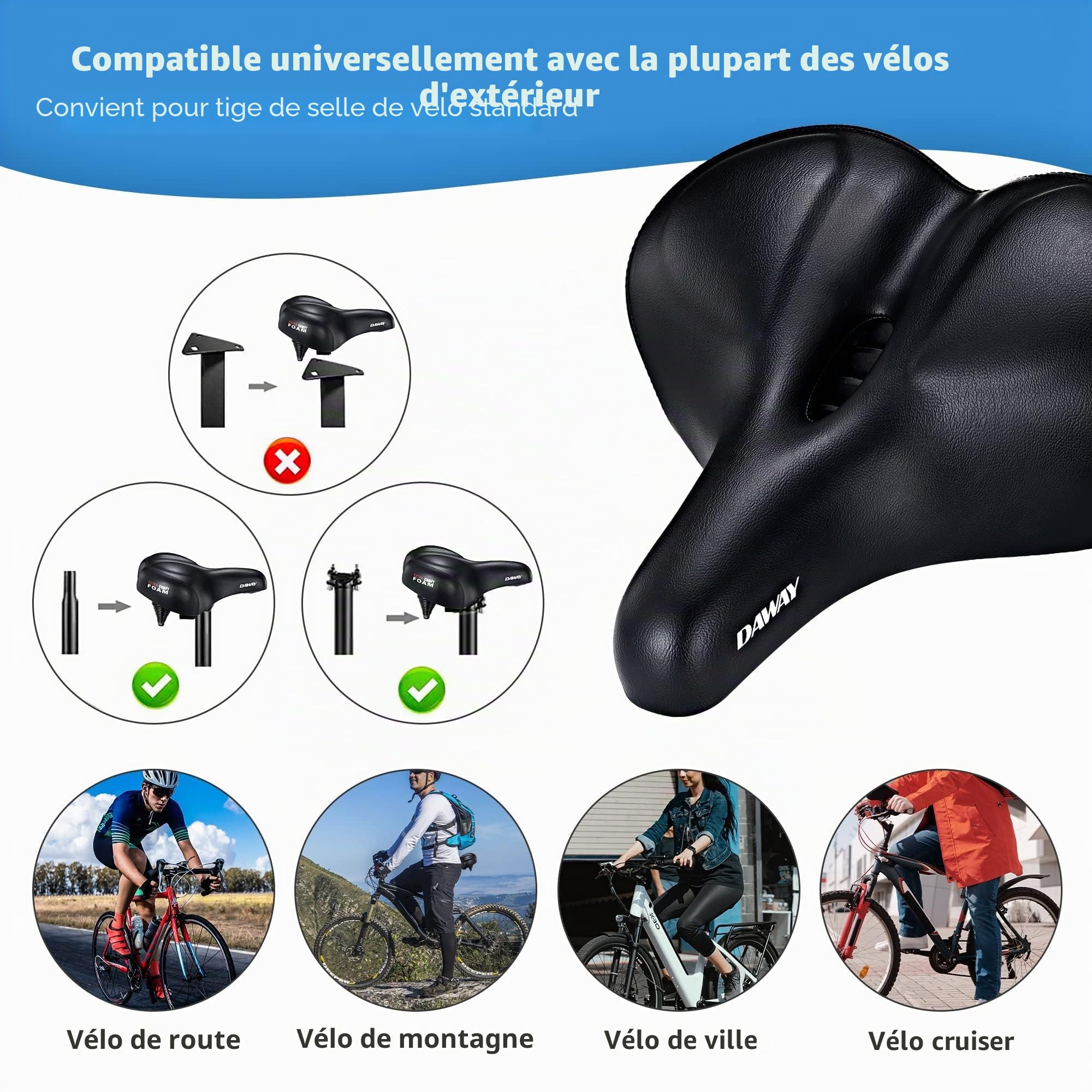 DAWAY C50 siège vélo Extra Large et Confortable - Selle de vélo d'exercice Extra Large rembourrée en Mousse Souple pour Hommes et Femmes, Confortable, Convient pour Peloton, Cruiser, vélo d'extérieur