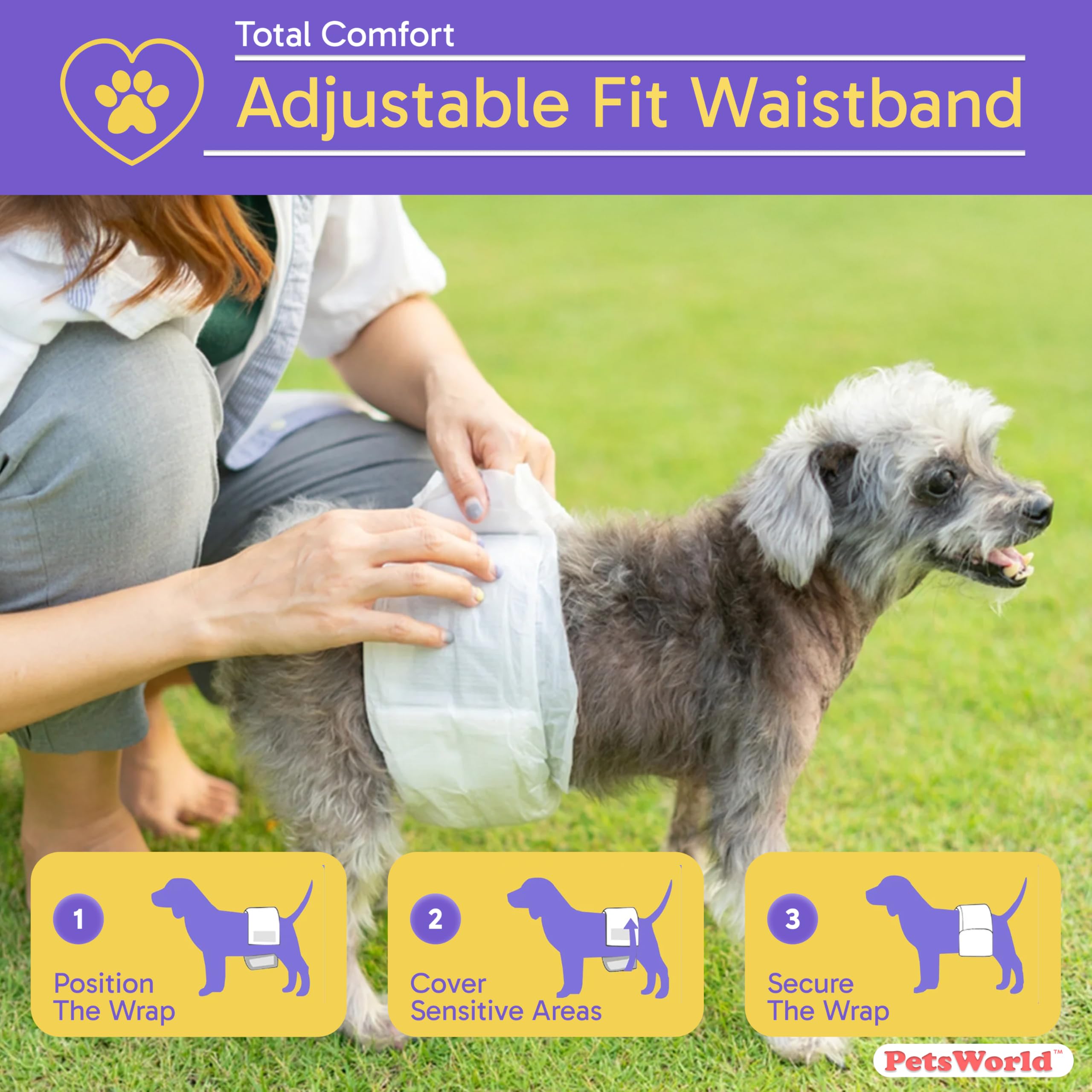 PetsWorld Pañales desechables para perros machos, tamaño mediano, 100 unidades, superabsorbentes, amigables con el pelo, con indicador de humedad, envolturas ajustables para perros para incontinencia