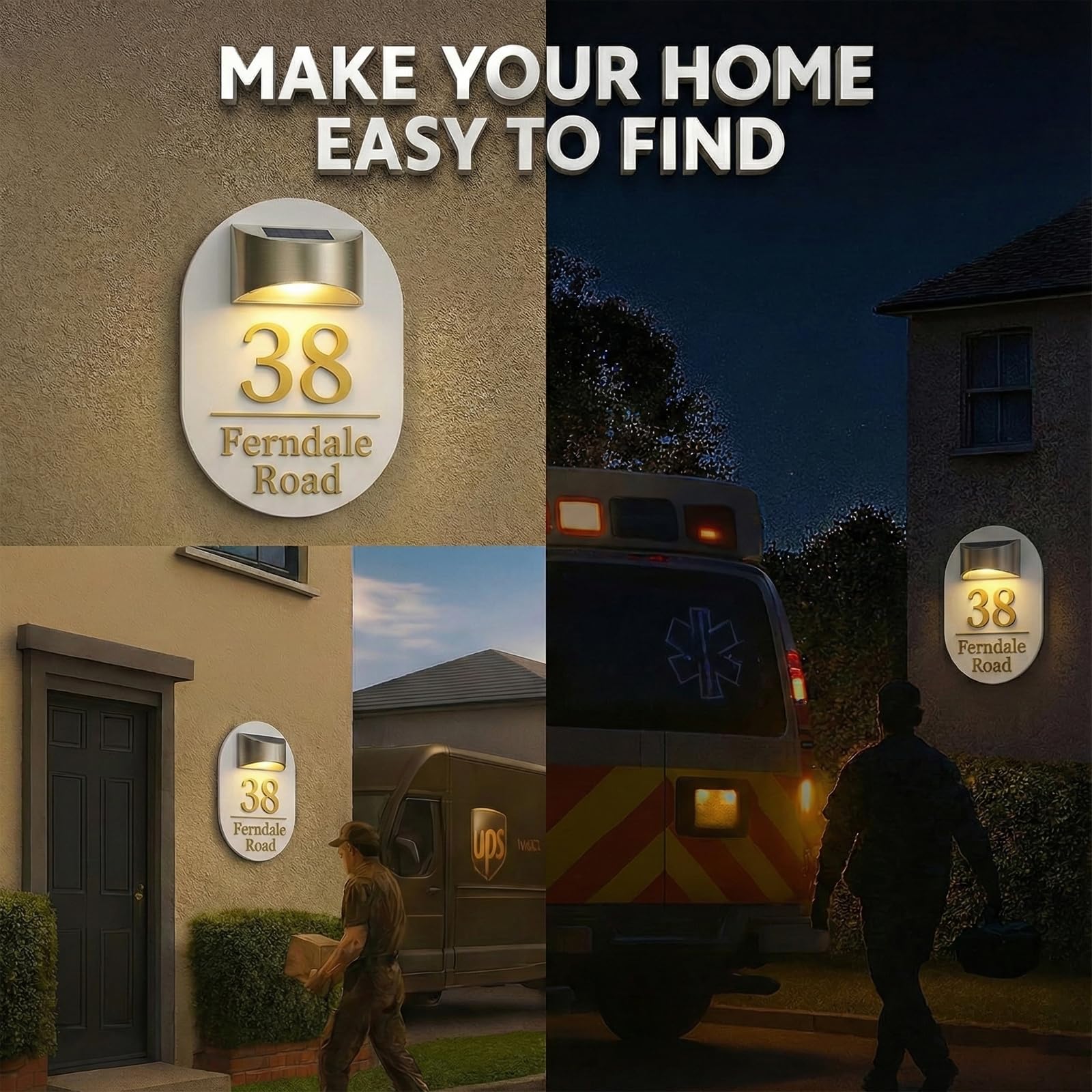 Panneau d'adresse solaire personnalisé pour maison – Numéros de maison éclairés par LED pour l'extérieur | Plaque moderne ovale verticale en acrylique | Étanche gravée au laser – Adresse de rue