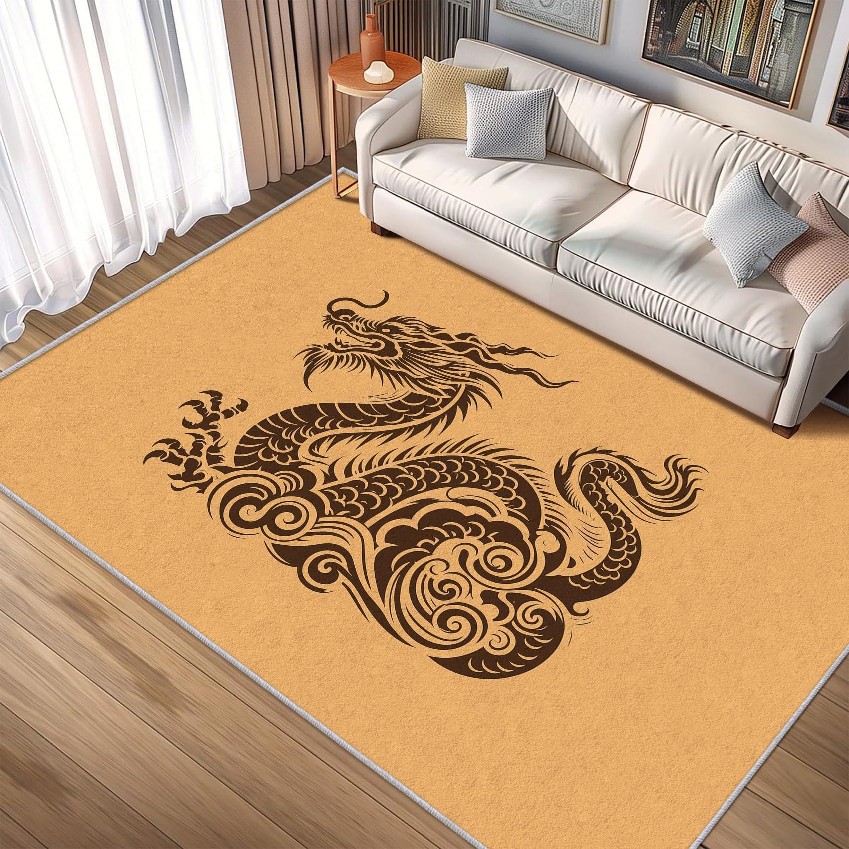 Tapis dragon chinois lavable et antidérapant 140x250cm jaune pour sécuriser les sols de chambre
