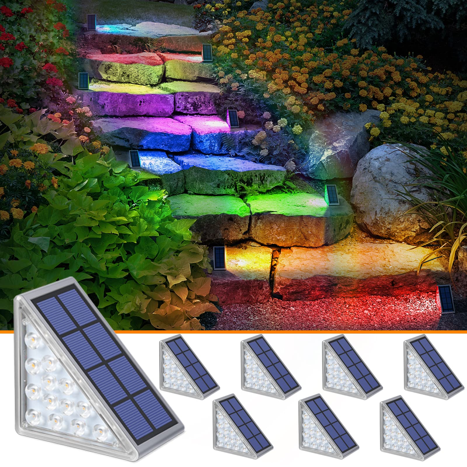 NIORSUN Solar Step Lights,8 Pack RGB Solid Color Changing Solar Stair Lights Outdoor Waterproof IP67 Auto On Off,Solar Lights for Steps,Stair,Patio,Yard,Porch,Front Door,Deck Decor