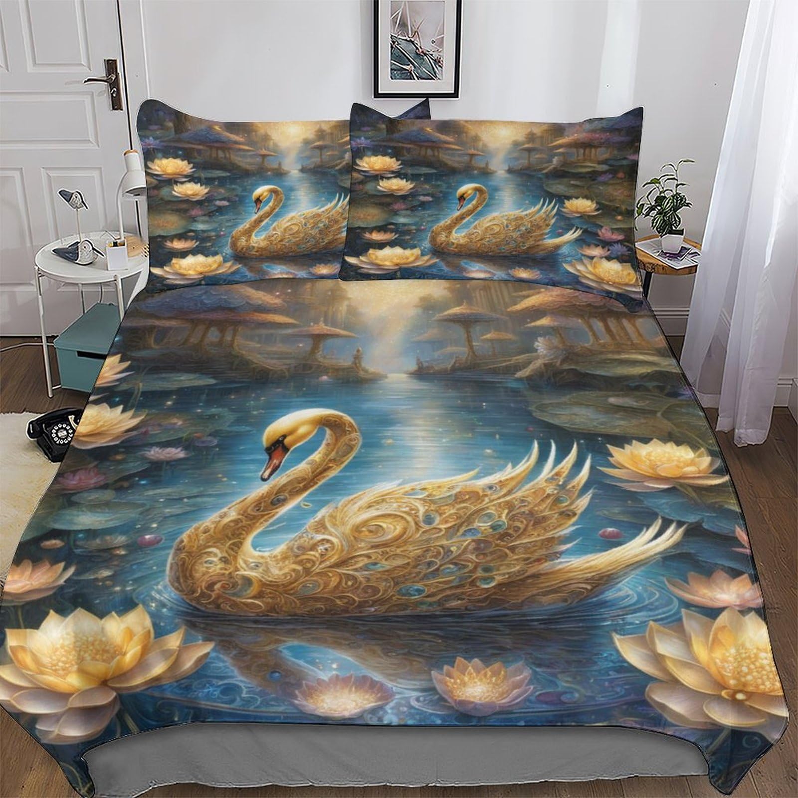 PAZZK Swan Duvet Covers Bedding Sets, with Zipper Closure Comforter Cover 2 PCs Easy Care And Super Soft Poly Cotton Quilt Cover with Pillowcases for Adults Kids Single (135x200cm)