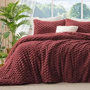 BEDELITE Fluffy Queen Comforter Set - Burgundy Fleece Soft Comforter for Queen Size Bed, Luxury Warm Bedding Set for Winter, Fuzzy Bed Set 3 Pieces (1 Comforter, 2 Pillowcases)