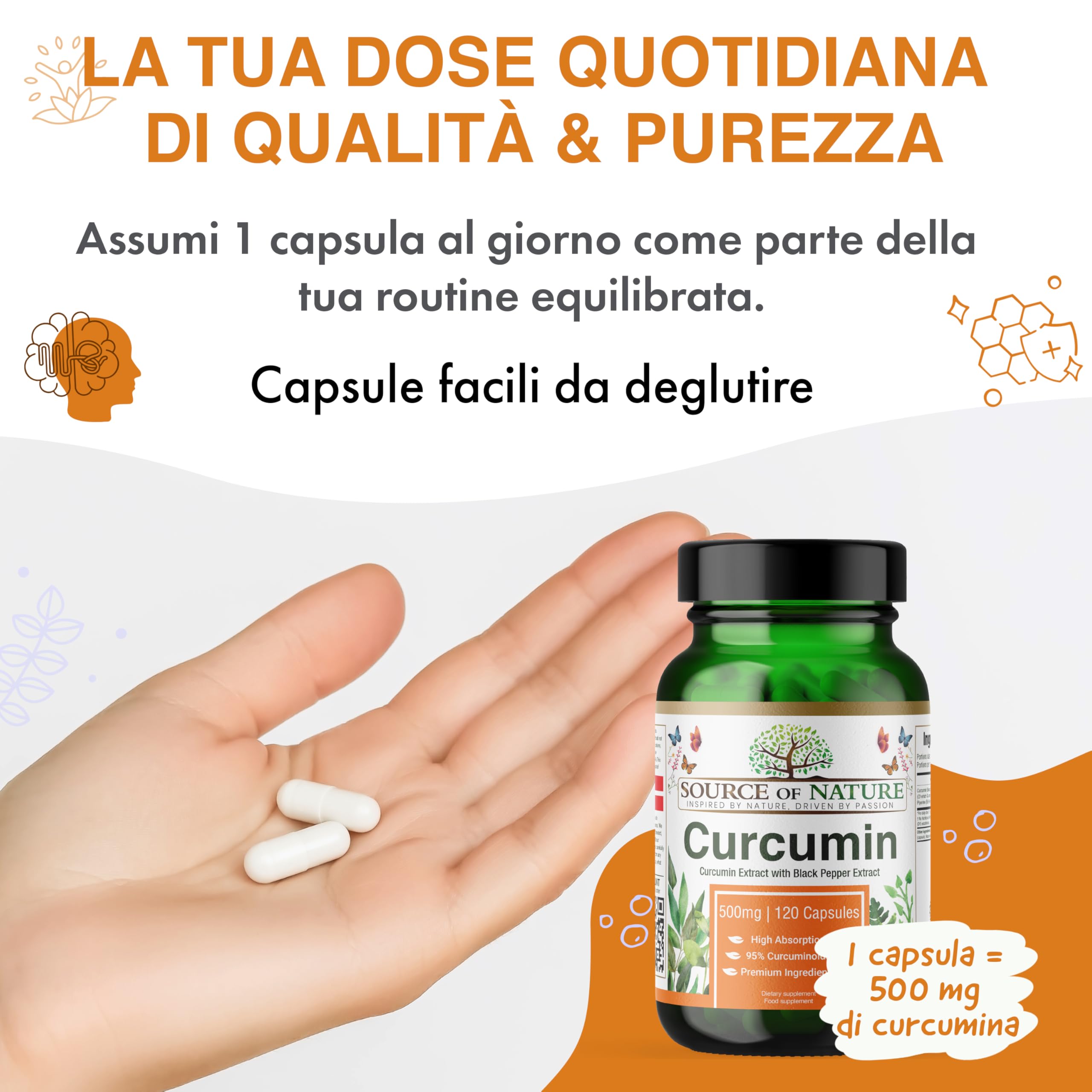 Source of Nature® | Estratto di Curcuma 500mg | 120 Capsule | +95% Curcuminoidi Puri | Prodotto nell'UE | Con BioPerine® (Estratto di Pepe Nero) per Assorbimento | Da Curcuma | Alta dose
