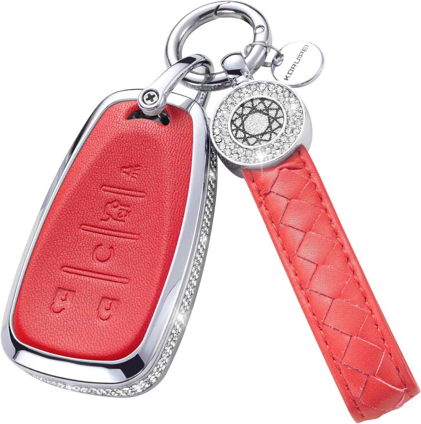 Compatible with Chevy Key Fob Cover with Keychain Genuine Leather Crystal Key Case Protector for Chevrolet Equinox Malibu Cruze Camaro Tahoe Silverado Traverse Blazer Sonic (Red)