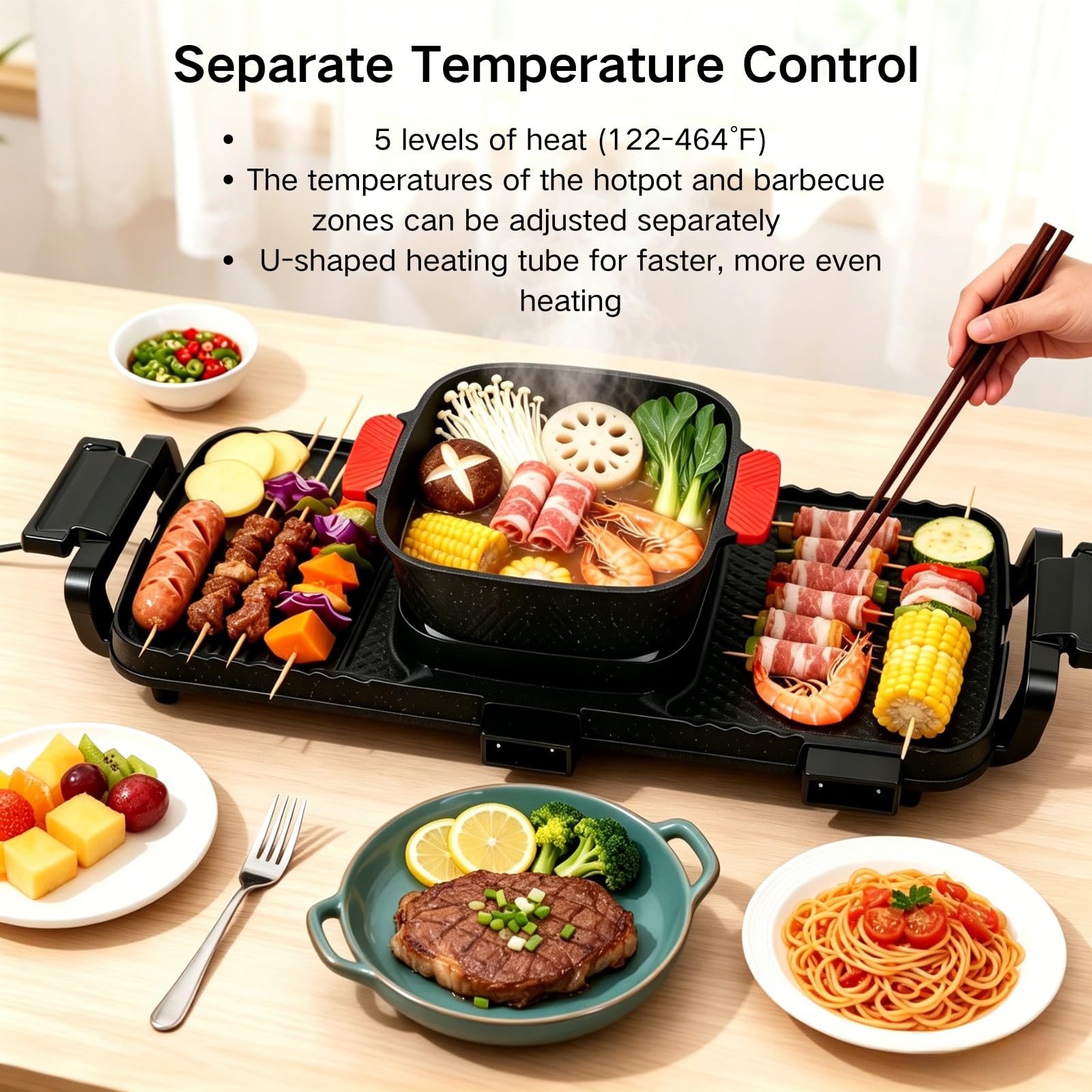 Electric Hot Pot und grill Elektrisch Hotpot Topf Elektrogrill 2 in 1, mit Klarer Deckel Indoor Korean BBQ Thai Barbecue Fondue Raclette für 6 Personen, 5 Gang Separate Temperaturregelung