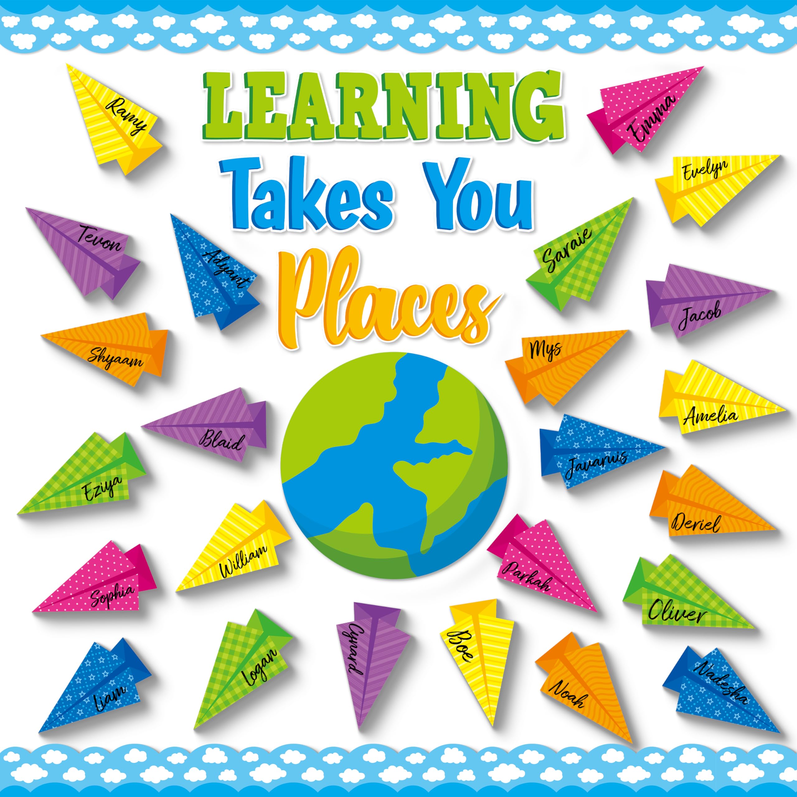 B1ykin Stereo Paper Plane Bulletin Board - 72Pcs Back to School Learning Takes You Places Earth Cloud Stereoscopic Paper Planes Name Tag Cutouts, First Day of School Border Decor for School Classroom