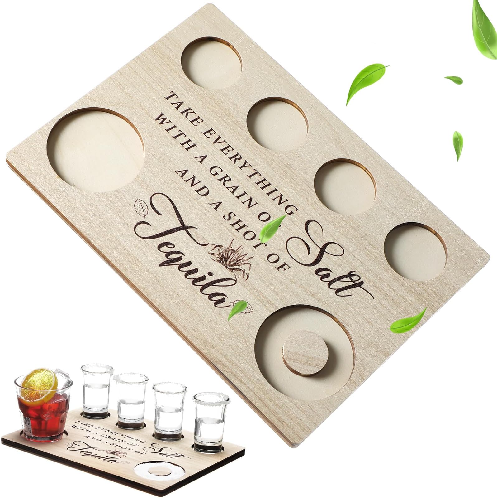Tequila Shot Board Tequila Gifts for Women Men Shot Glasses Holder Serving Tray with Salt Rim Wooden Bartender Gifts for Liquor Bar Housewarming Party Restaurant Family(9.9 x 7 Inch,Wood Color)