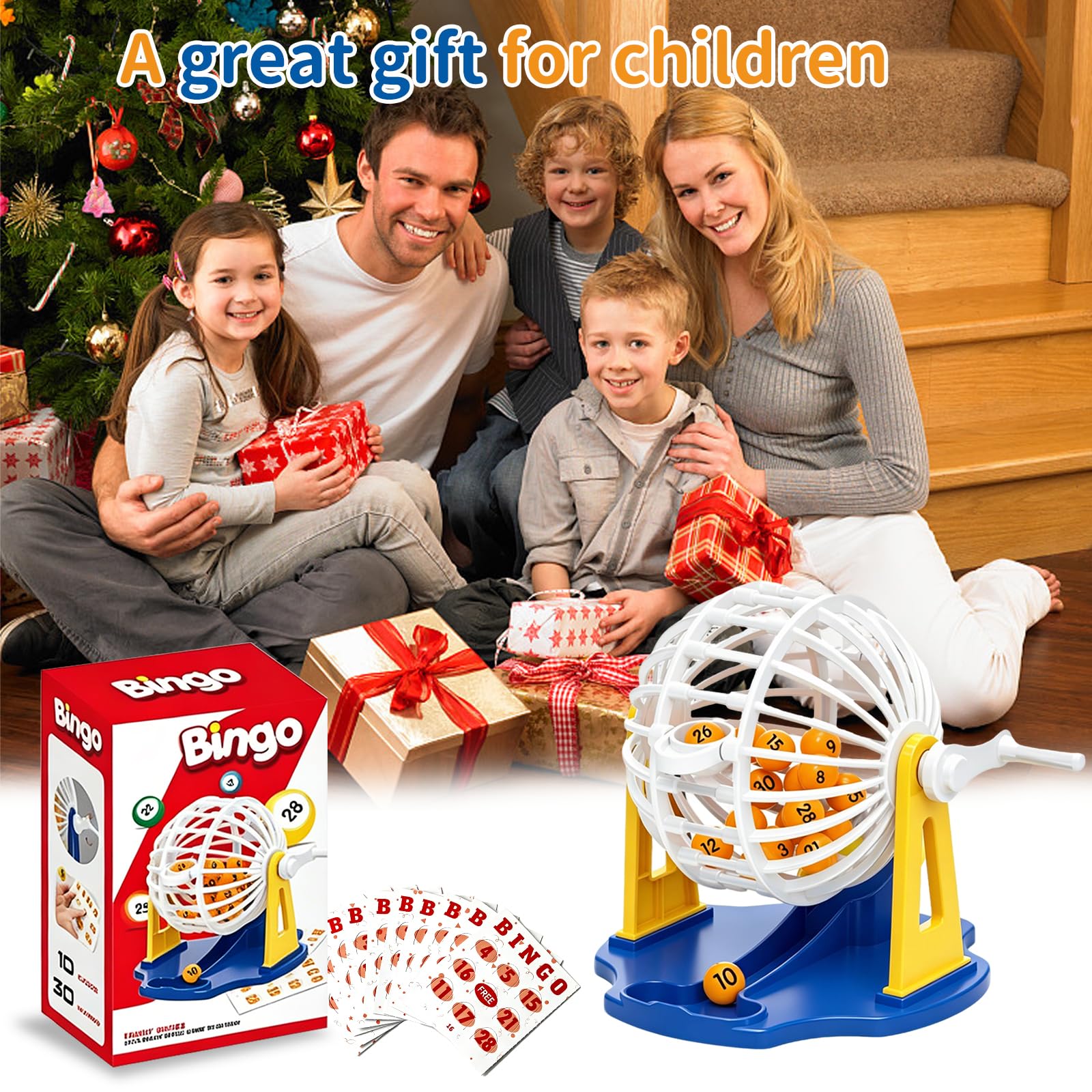 Mini Bingo Spiel Set mit Lostrommel 30 Kugeln, 10 Karten, Spielbrett, Lernspielzeug Nummer Lotto Spiel Erwachsene, für Familiares Grupales Eventos