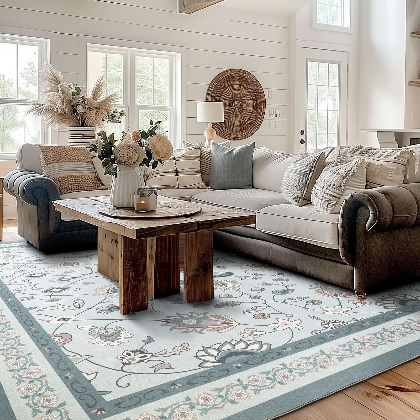 EVERGRACE Area Rugs for Living Room 9x12, Boho Floral Faux Wool Indoor Outdoor Rugs, Washable Rugs for Bedroom Dining Room Entryway Kitchen, Low Pile