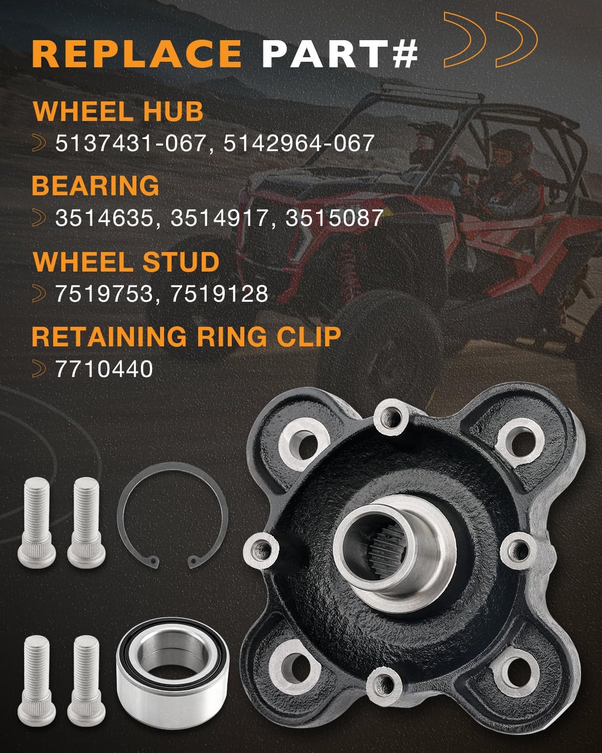 Rear Wheel Hub Bearing Kit, Compatible with 2013-2021 Polaris Ranger 570/900/1000/Diesel, Brutus, GEM eM1400, M1400, Pro XD & More, Replace# 5137431-067, 3514635, 7519753