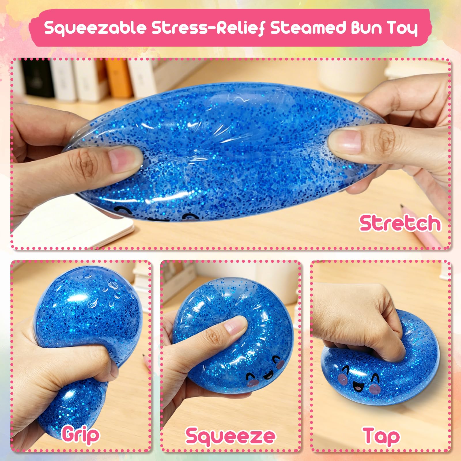 Glitzer Knödel Squishy mit Dampfgaraufsatz – Weiches Silikon Fidget, Stressabbau & Angstlinderung,Mystery als Überraschungs-Bao Bun (Dunkelblau)