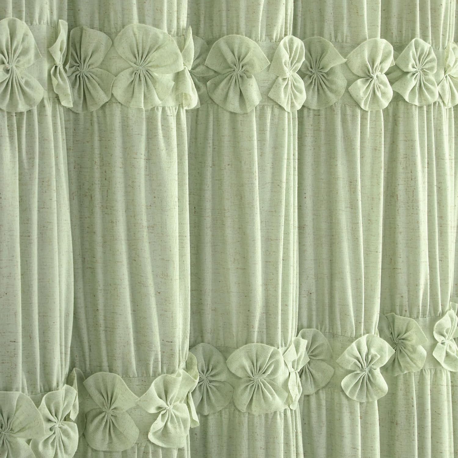 Ruffle Shower Curtain with Handmade Bow Tie, Green Linen Vintage Farmhouse Shower Curtain for Bathroom, 72" W x 72" H
