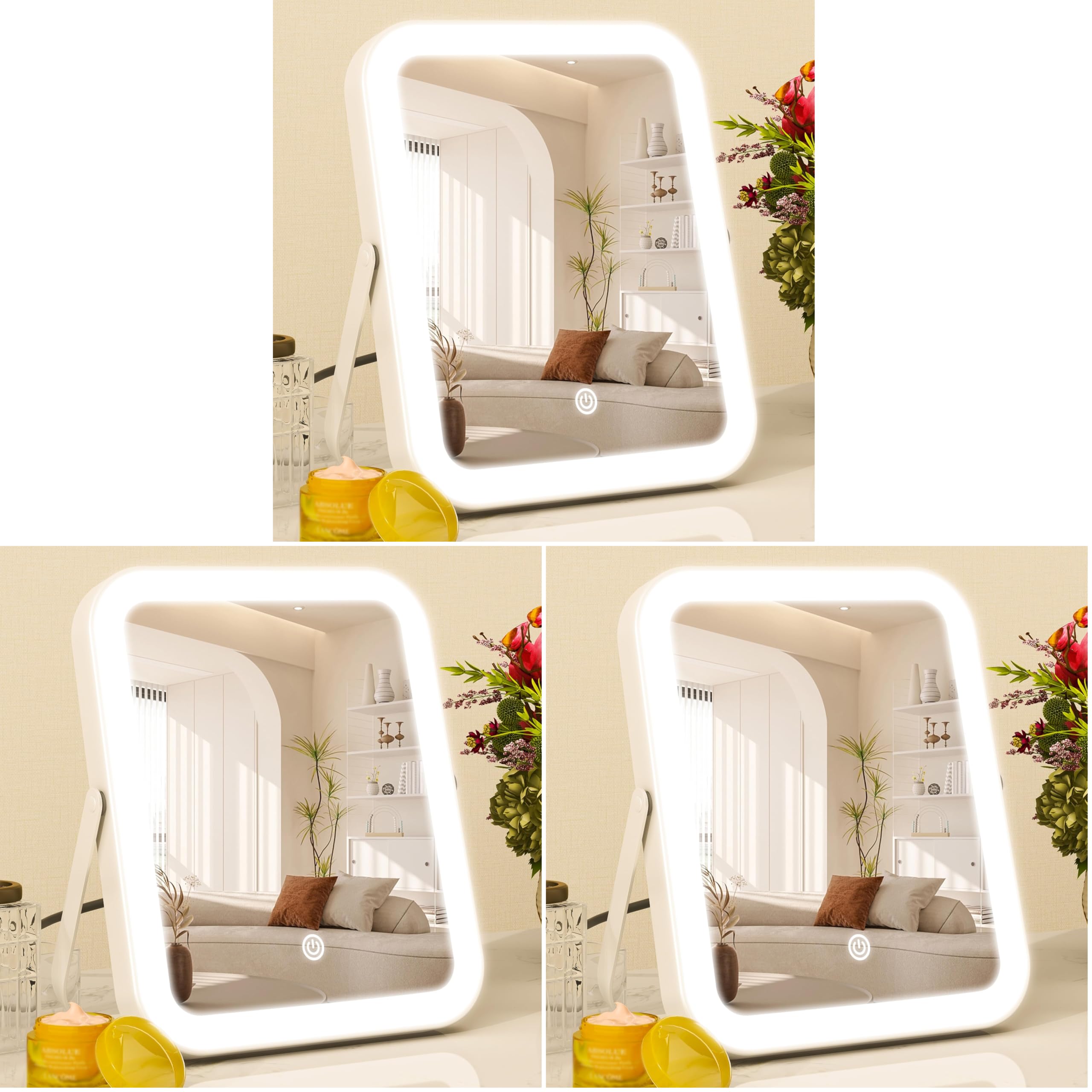 ROLOVE 8x10 Inch Lighted Vanity Mirror, 3-Color Dimmable LED Lighting &amp; Touch Control, Portable Makeup Mirror with U-Bracket for Travel/Dressing Room (White) (Pack of 3)
