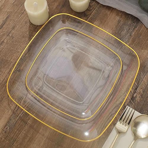 Efavormart - Paquete de 10 platos cuadrados de plástico transparente de 7 pulgadas con borde dorado platos de ensalada desechables para aperitivos