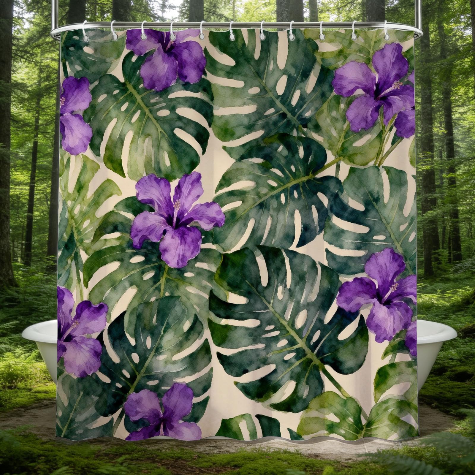 Hongduo 3D Watercolor Hibiscus Shower Curtain for Stalls Bathtubs Monstera Leaf Bathroom Decor Shower Curtain Set Polyester Fabric Waterproof 180x200cm/71X79 Inch with Hooks