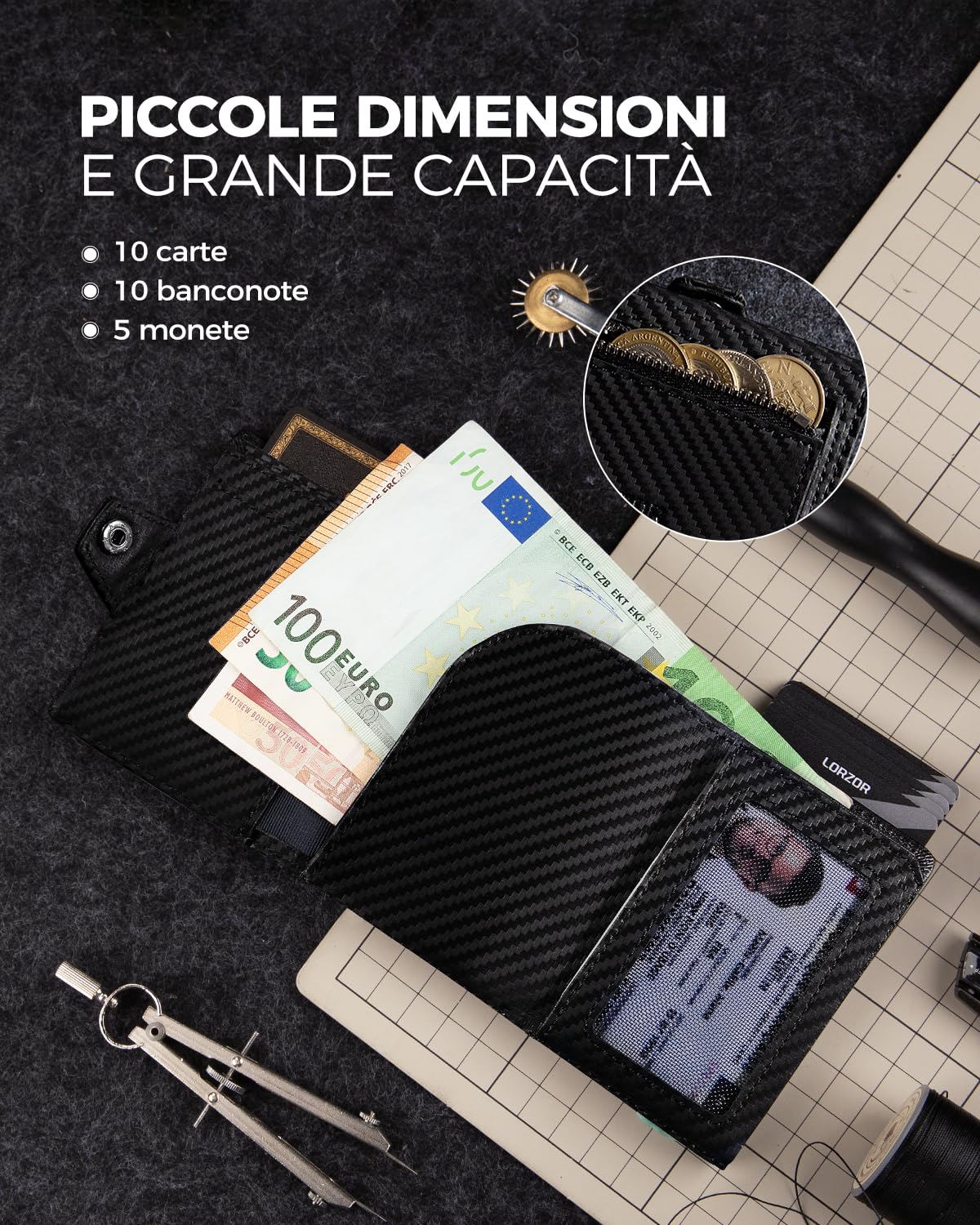 LORZOR® Portafoglio Uomo Slim Pelle, Portacarte Uomo con Protezione RFID & Portamonete, Porta Carte di Credito Pop-up Contenere 10 Carte, Porta Tessere Tascabile