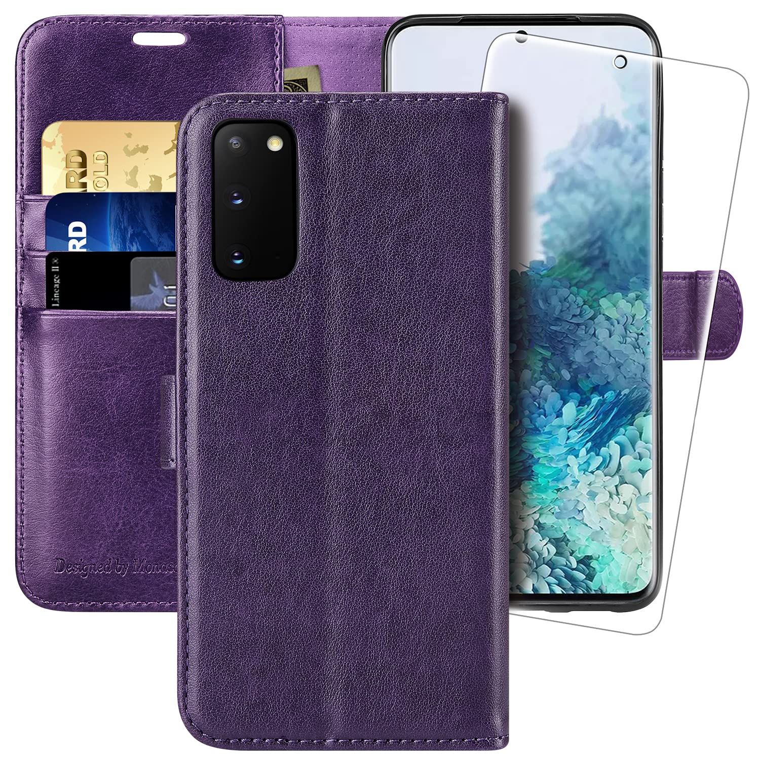 MONASAY Galaxy S20 Wallet Case, 6.2-inch, [Included Screen Protector] Flip Folio Leather Cell Phone Cover with Credit Card Holder for Samsung Galaxy S20,Purple