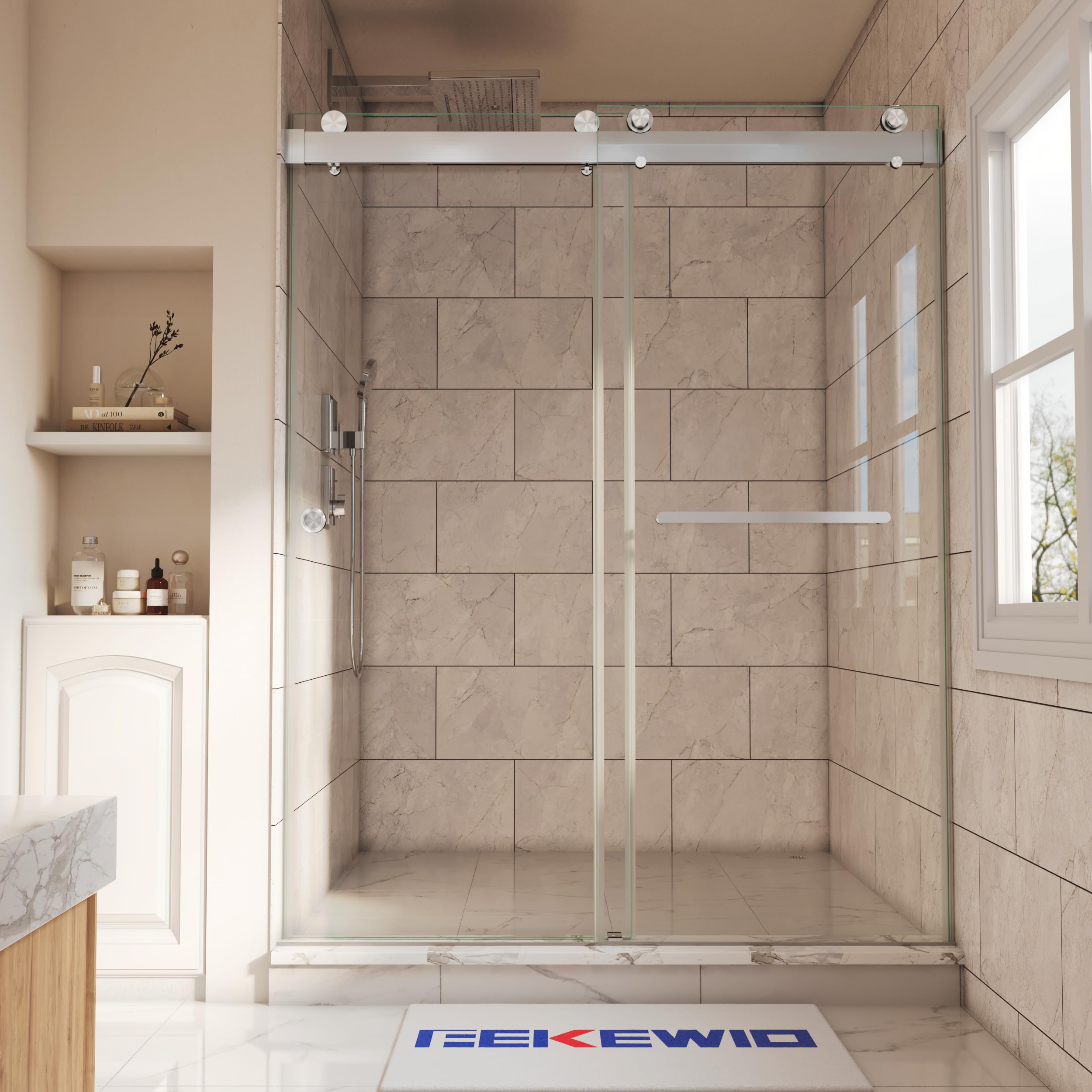 FEKEWIO Shower Doors Soft Closing Double Sliding 62"-66" W x 76" H 3/8"(10mm) Clear Tempered Glass Frameless Stainless Steel Hidden Pull Handle and