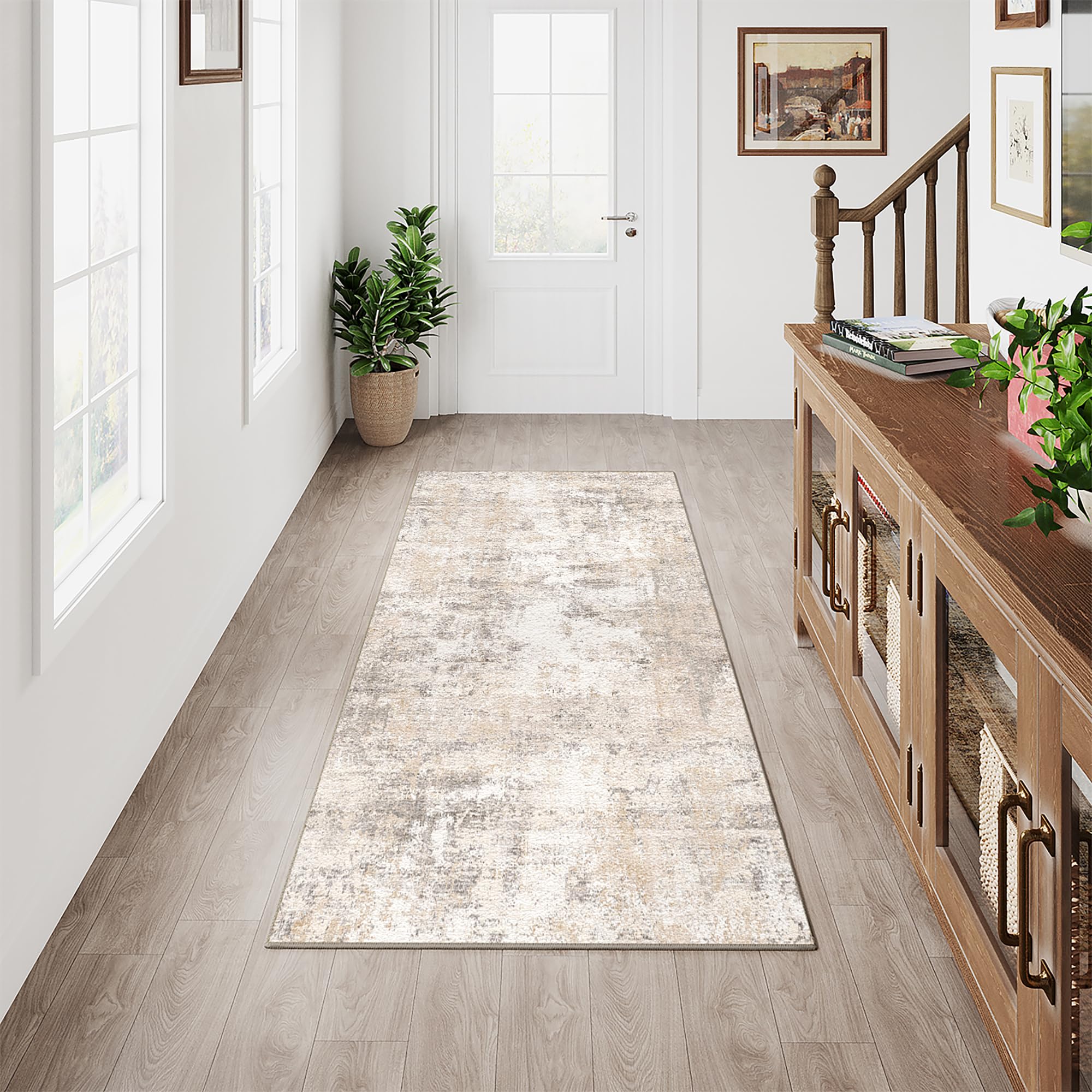 HUGEAR Beige Gris Tapis Couloir 60x180cm Lavable en Machine