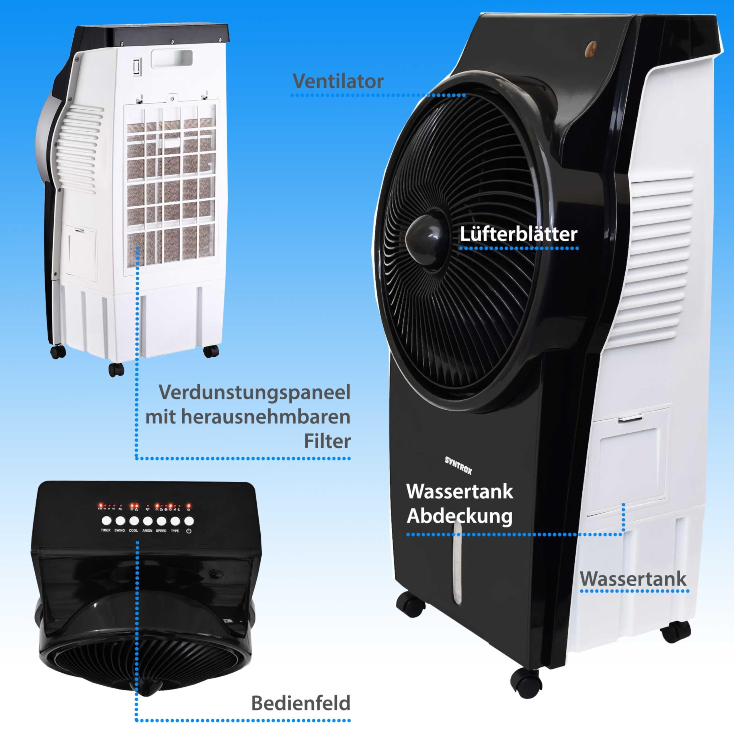 Syntrox Verdunstungskühler Wasser gekühlt Blowy | Ventilator | Wasserkühler, Ventilator mit Luftbefeuchter, 95 Watt, mit Rollen und Fernbedienung, Timer-Funktion