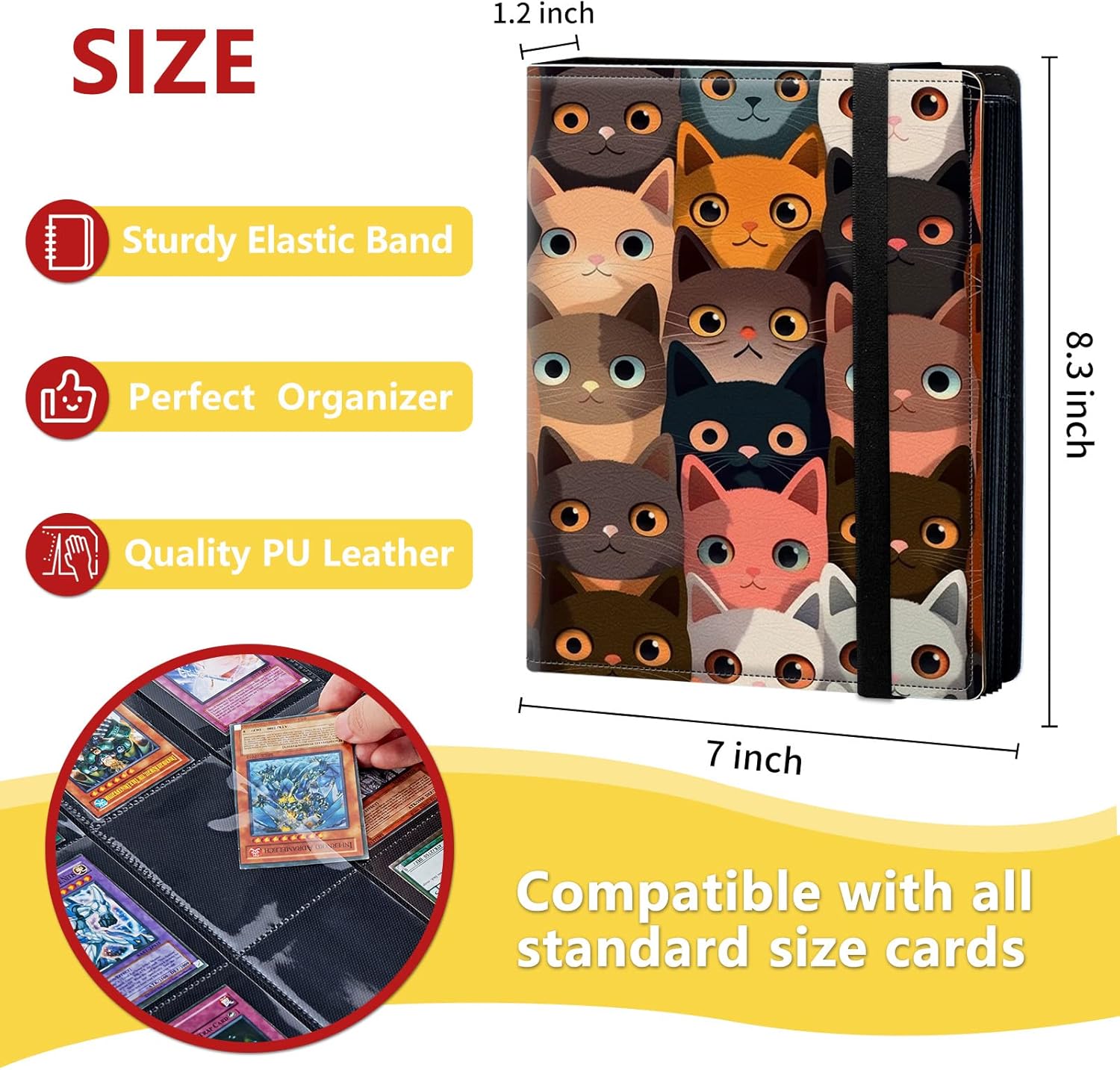 4-Pocket Card Binder 50 Pages Holds 400 Cards, Card Book Collector Album Folder for Yugioh, MTG, TCG, Cute PU Leather Trading Card Holder with Elastic Strap, Cartoon Cat