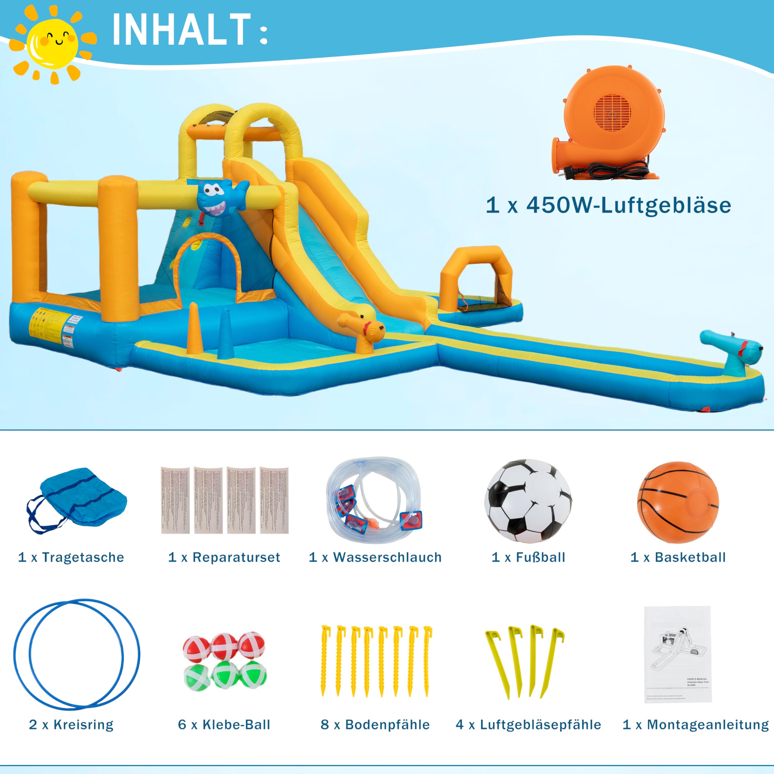 UEV Aufblasbarer 9-in-1 Hüpfburg XXL mit Gebläse, Kletterwand, Springen, Wasserpistole, Ballspielplatz, Extra Lange aufblasbare Rutsche, for Indoor & Outdoor, EN71-1/2/3, 590x502x220cm