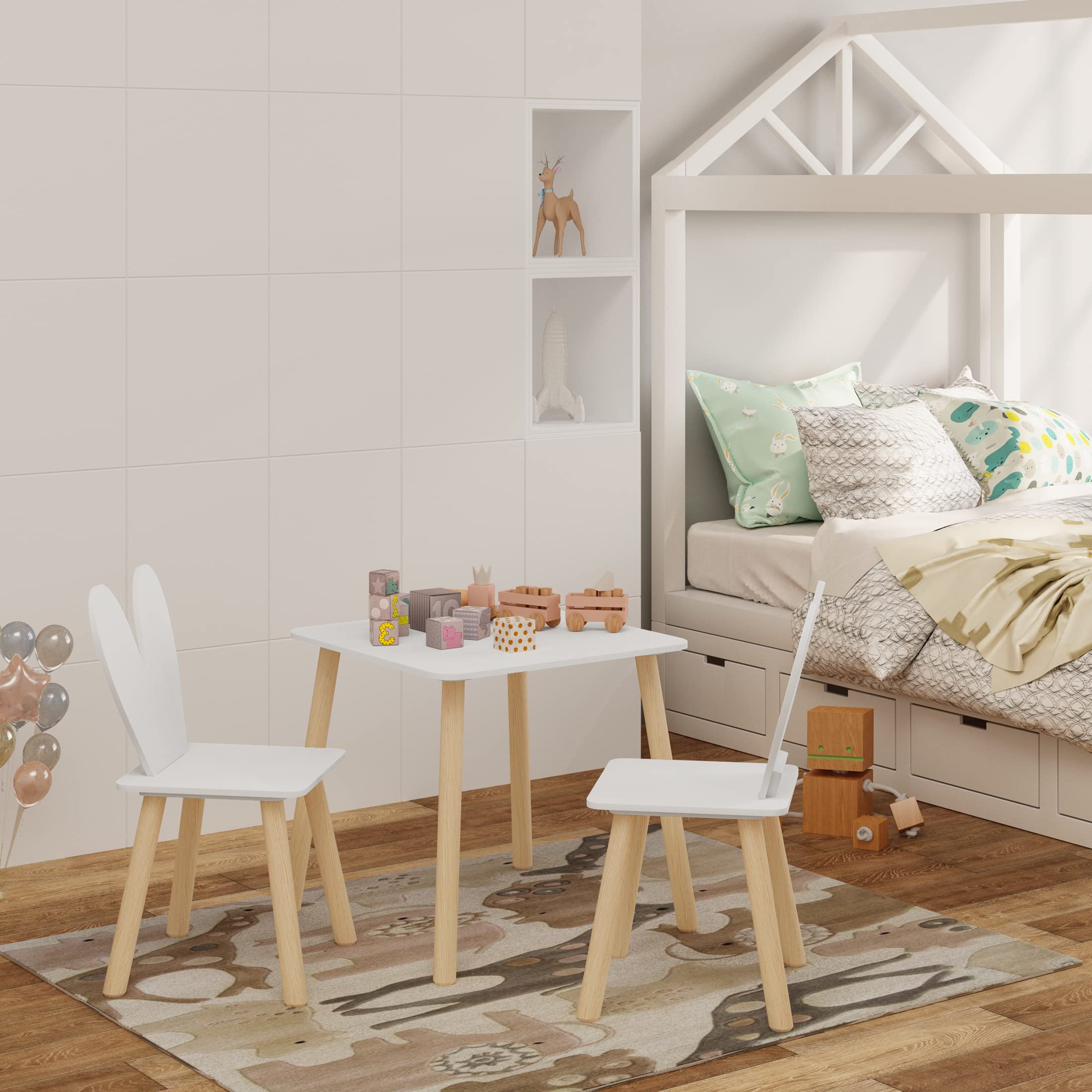 WOLTU Kindertisch mit 2 Stühlen, Kindersitzgruppe, Sitzgruppe für Kinder, mit Massivholzbeinen Kaninchenohren-Rückenlehne, Kindermöbel für Kinderzimmer Kindergärten Weiß