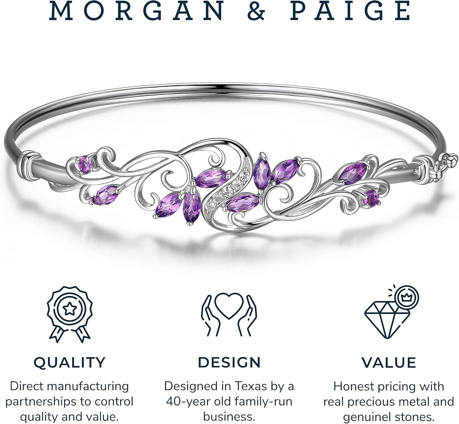 MORGAN & PAIGE .925 Sterling Silver Rhodium Plated Gemstone Elegant Bangle Bracelets for Women - Filigree Two-Tone Created Blue Sapphire & Cubic Zirconia or Genuine Amethyst & White Topaz, 7.25 inch