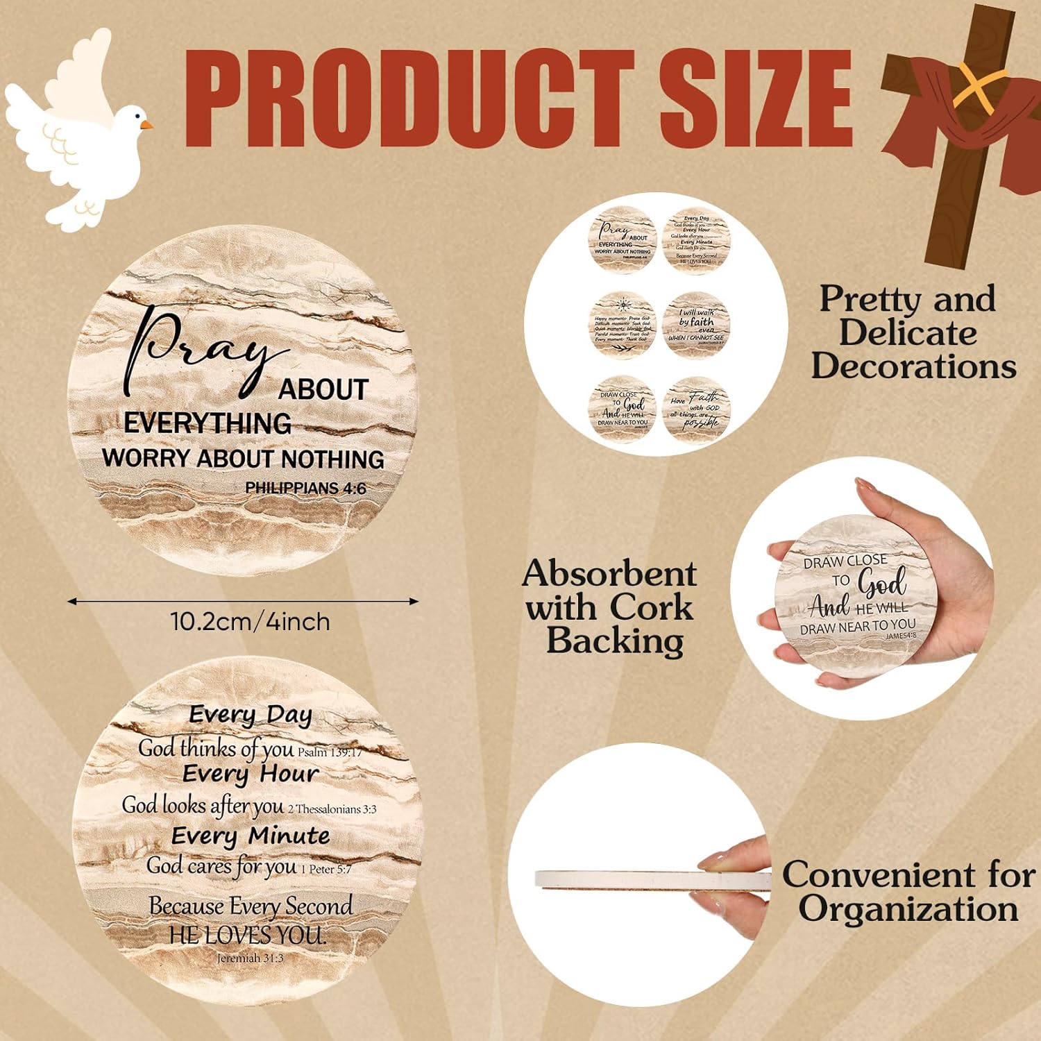 Dandat 12 Pcs Christian Coasters for Drinks with Bible Verses Backing Absorbent Christian Drink Coasters with Cork for Coffee Table with Holder for House Gifts - Image 2