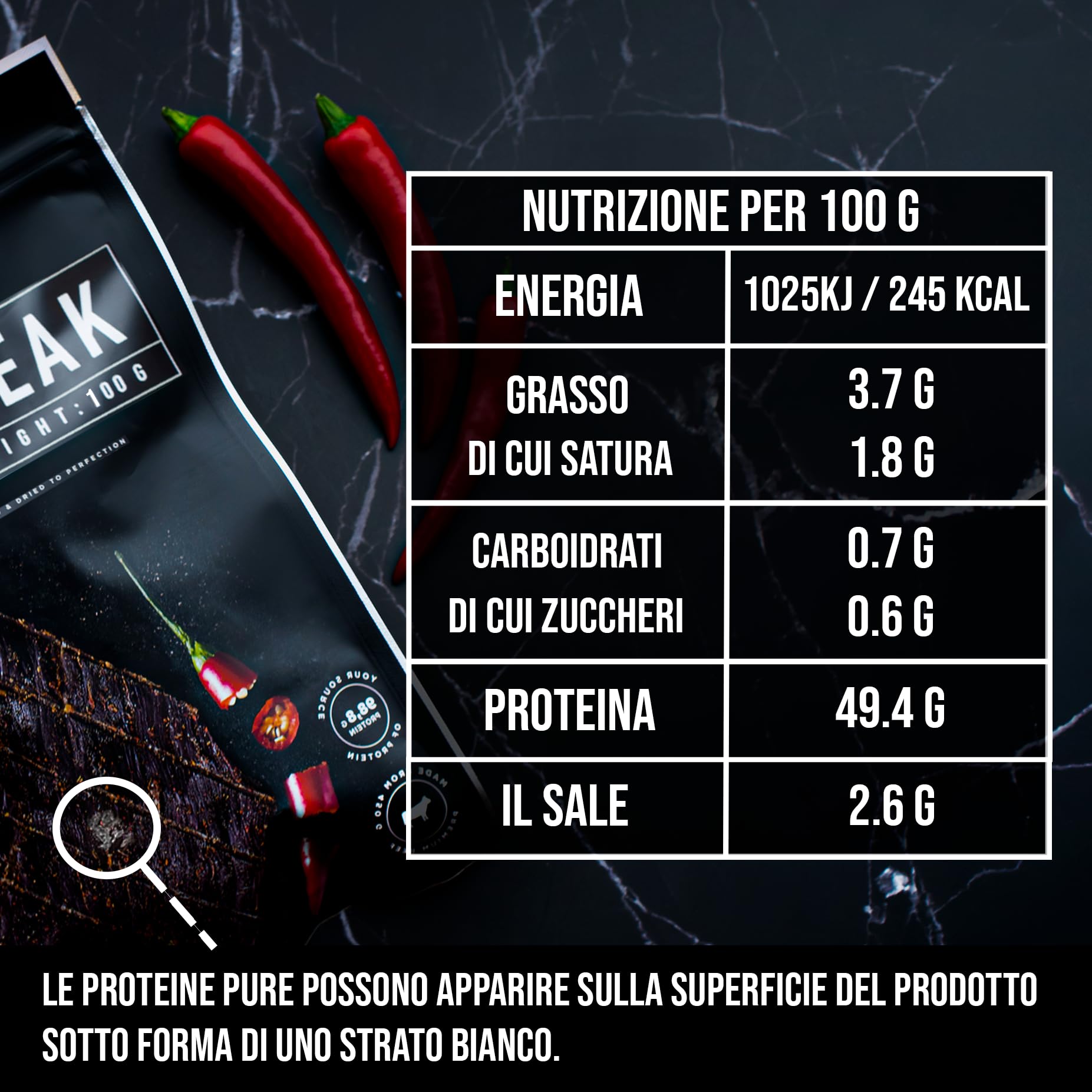 The Meat Makers Peppered Dried Beef Jerky Steak (100 g) – Carne Secca di Manzo, Carne Essiccata per Umani. Snack di carne secca ad alto contenuto proteico.