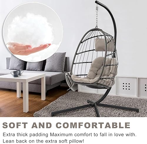 Miniatura 4 de IRONKOM Silla colgante de mimbre para interiores y exteriores, silla de columpio para patio, cojín resistente a los rayos UV, marco de aluminio