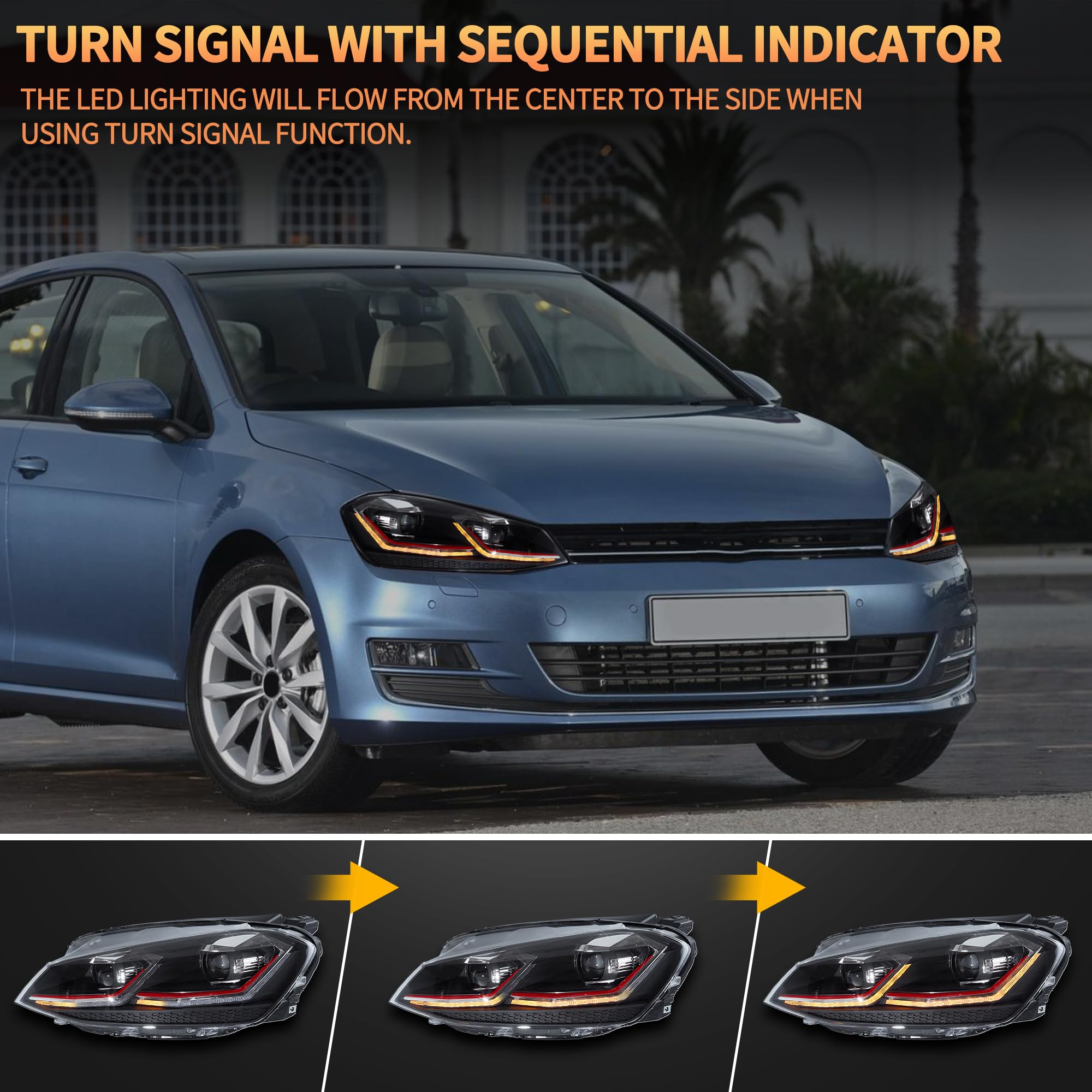 VLAND Pełny reflektor LED do Golf 7 Golf MK7 TSI TDI halogen 2012-2016 [Nie dla GTI/GTD/Xenon/Golf 7.5] z sekwencyjnym wskaźnikiem kierunku - czerwony