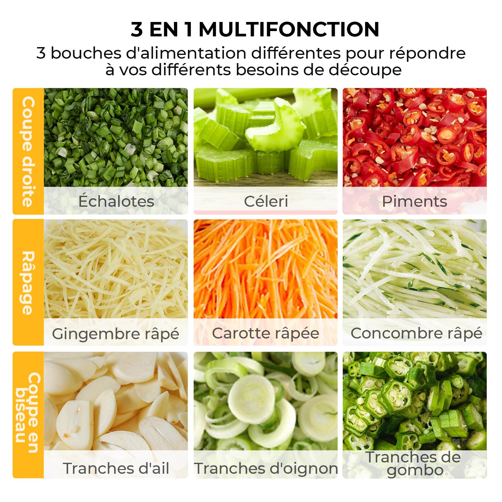 Hachoir à Légumes Électrique, 200 W Coupe-Légumes Professionnel, Robot Culinaire Coupe-Ciboule avec 3 Entrées d'Alimentation, Épaisseur Réglable 1–5 mm, 6000 tr/min