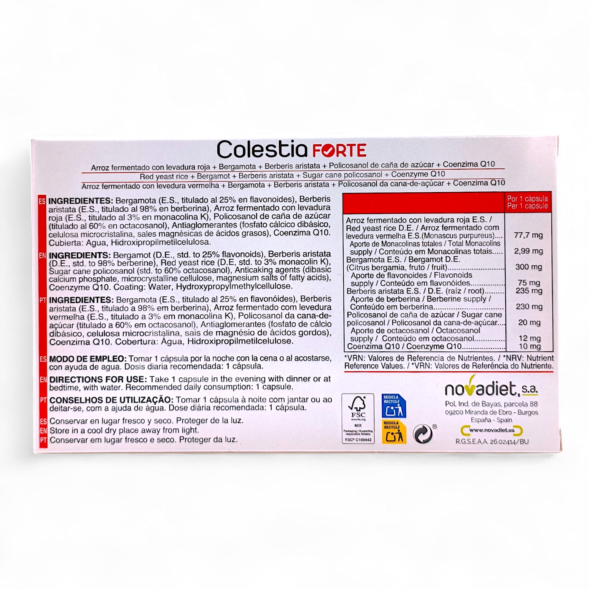 Novadiet Colestia Forte - Pack 2 x 60 Cápsulas - Complemento Alimenticio con Arroz Fermentado, Berberis Aristata, Bergamota y Policosanol - Ayuda Mantener Niveles Colesterol y Sistema Circulatorio