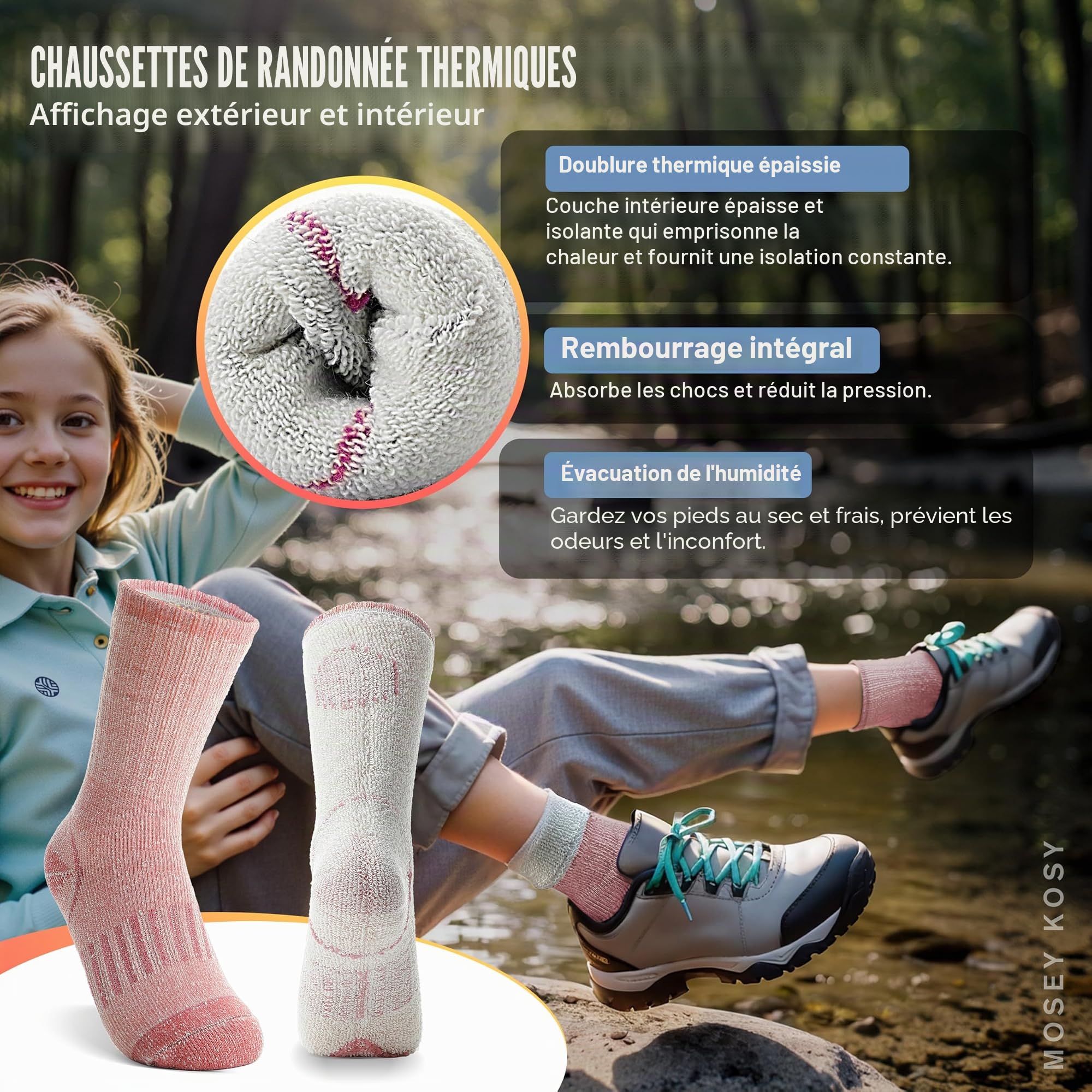 Chaussettes Randonnée Laine Mérinos Enfants MOSEY KOSY 4 Paires Thermique Hiver Chaudes Bottes Épaisses Snowboard