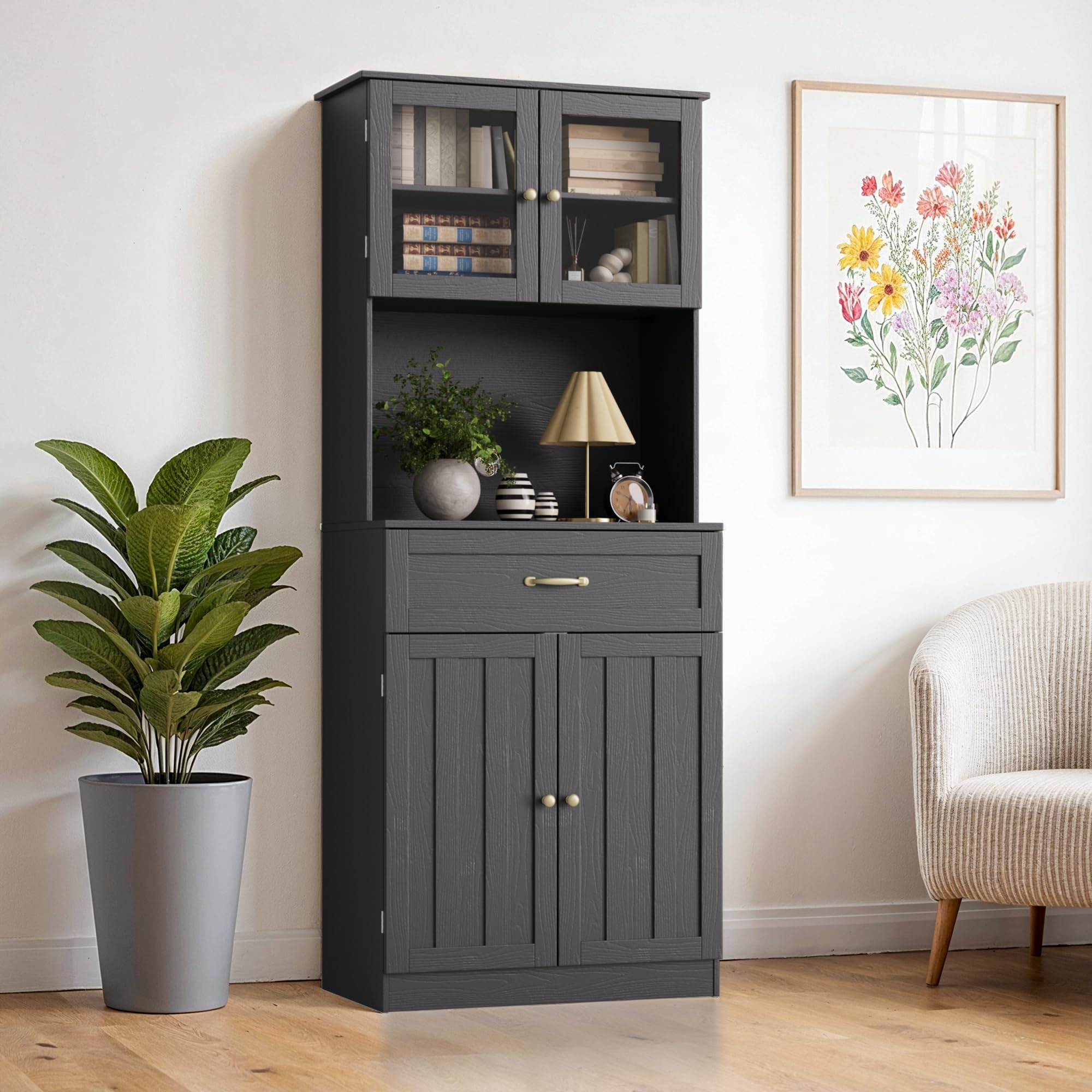 Haute Buffet,Admoire de Cuisine,Sideboard avec Portes en Verre, tiroir, Trou pour câbles et étagères réglables en Hauteur, pour Cuisine et Salle à Manger, 180x73x40 cm,Noir