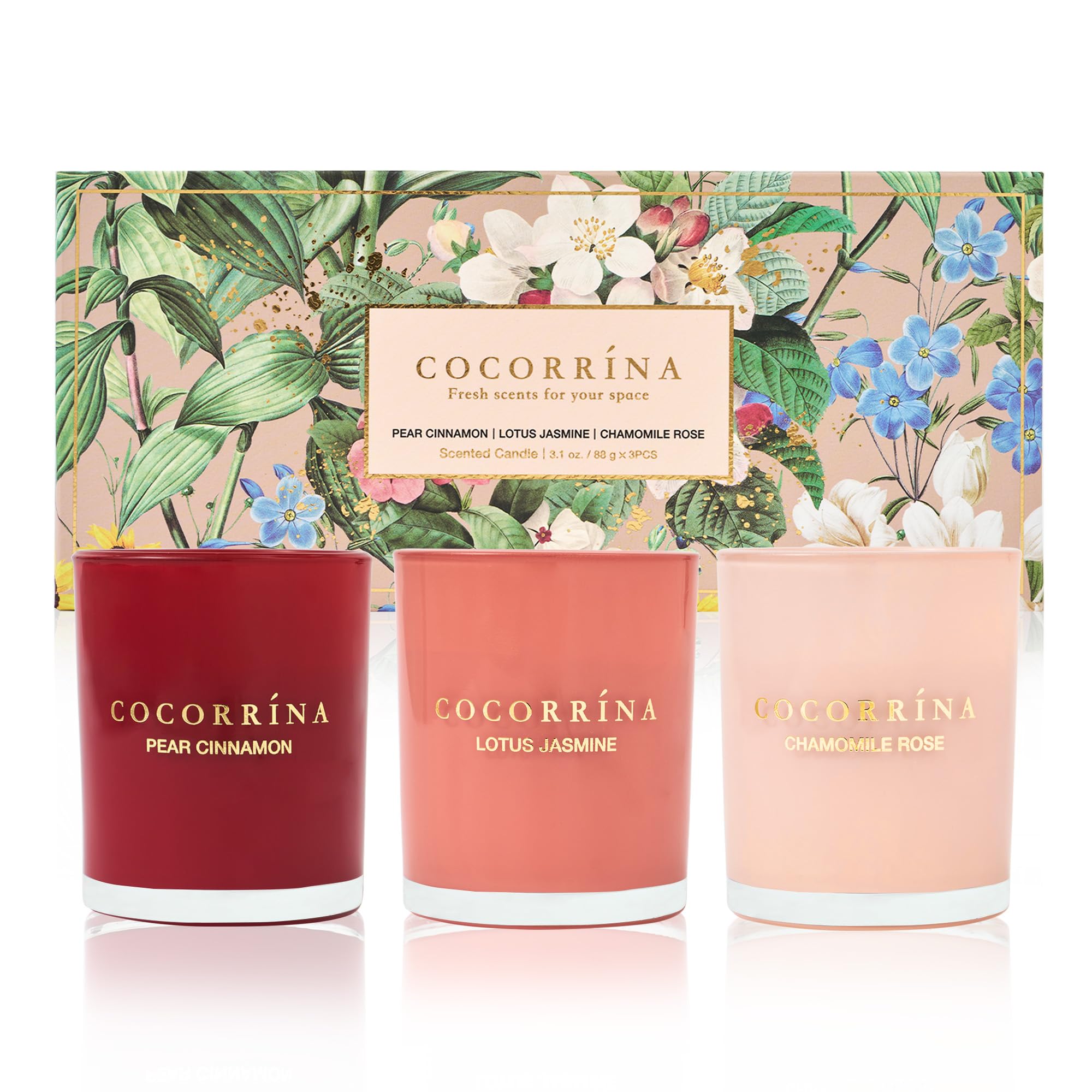 Cocorrína Velas Perfumadas Juego de Regalo para Mujer, 3 Piezas Velas Aromaticas cera de Soja para el Día de la Madre, Navidad, Cumpleaños(Pera Canela/Loto Jazmín/Camomila Rosa)