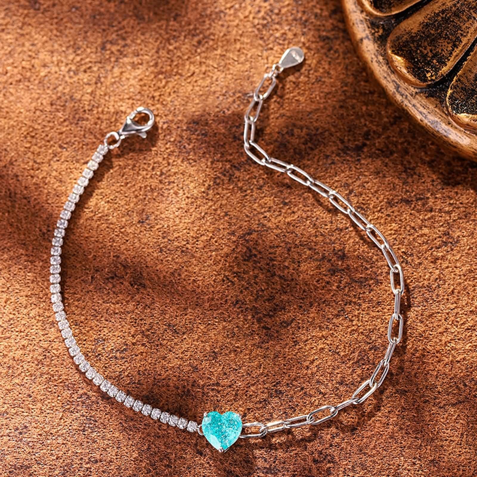 Pulsera de Mujer Oro Blanco 9 Kilates / 14 Kilates / 18 Kilates, Corazón con Turmalina Paraíba Creada de 2 ct y Moissanita, Cadena 16 CM, Pulseras Plata Azul Verde Mujer