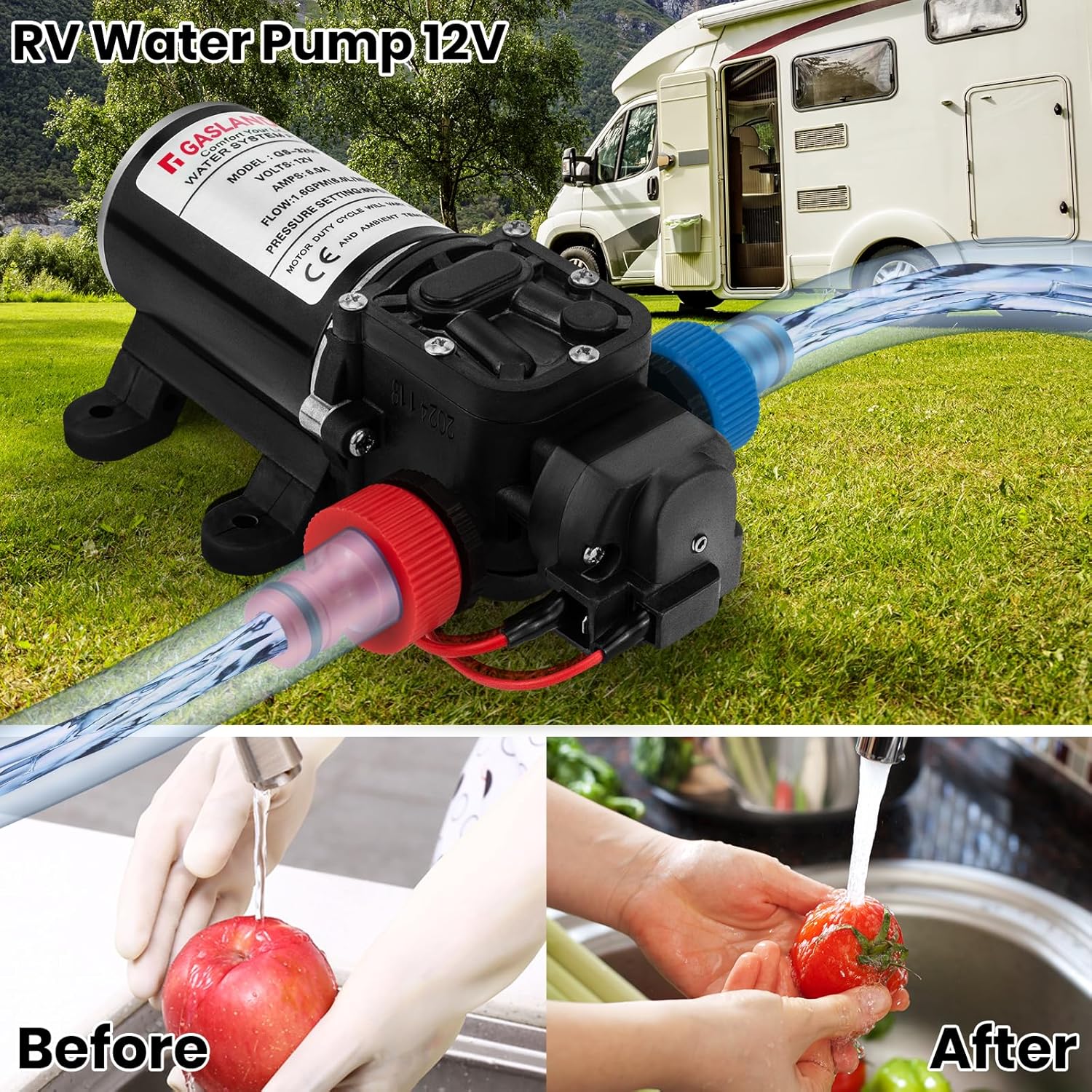 GASLAND Water Pressure Pump, 12V DC 1.6 GPM 65 PSI Diaphragm Water Pump for RV Caravan Marine Fishing Boat Lawn