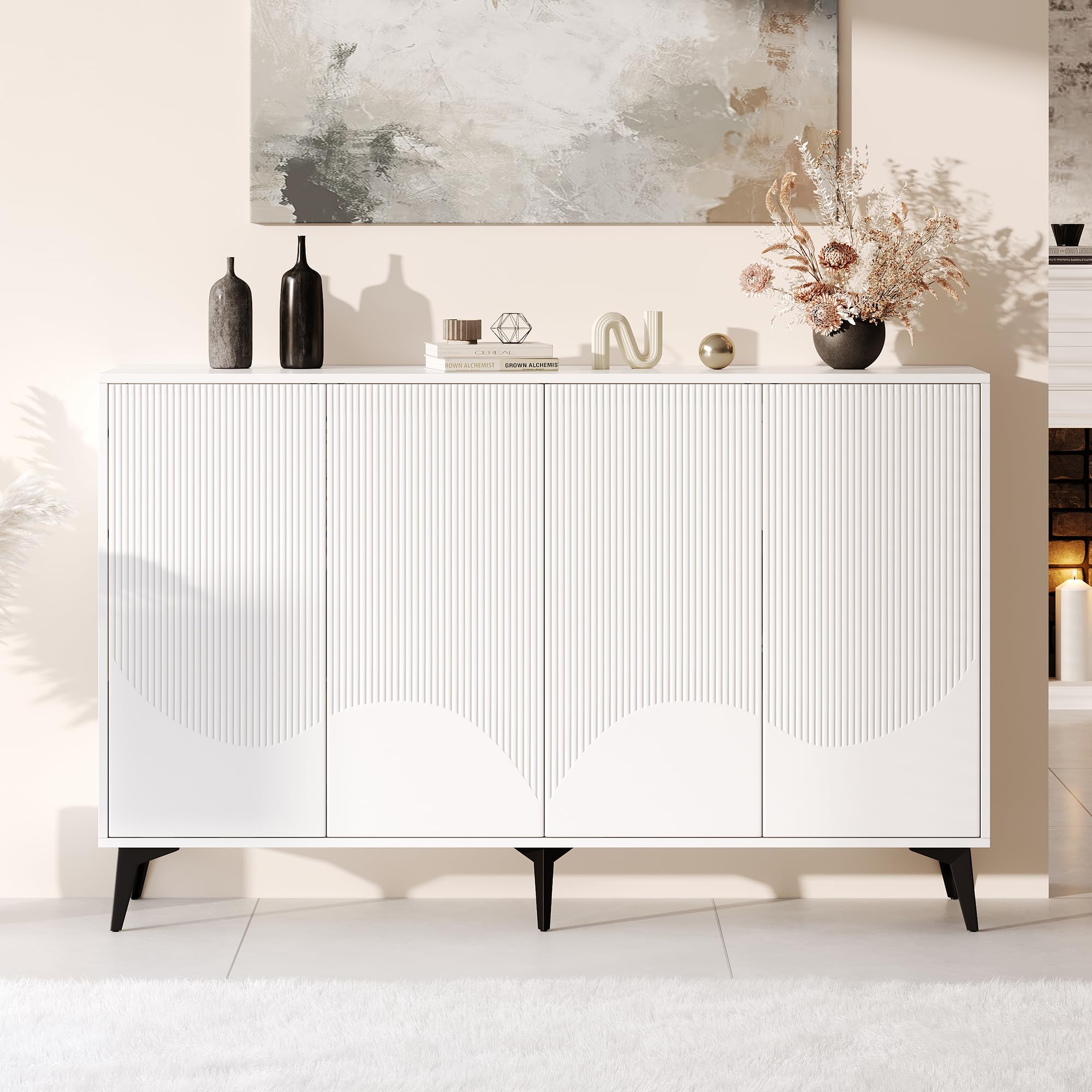 Weiß Sideboard Breite 160 cm, Multifunktionales Sideboard,Kommode, Highboard mit verstellbaren Einlegeböden, 4 Türen, Metallbeine