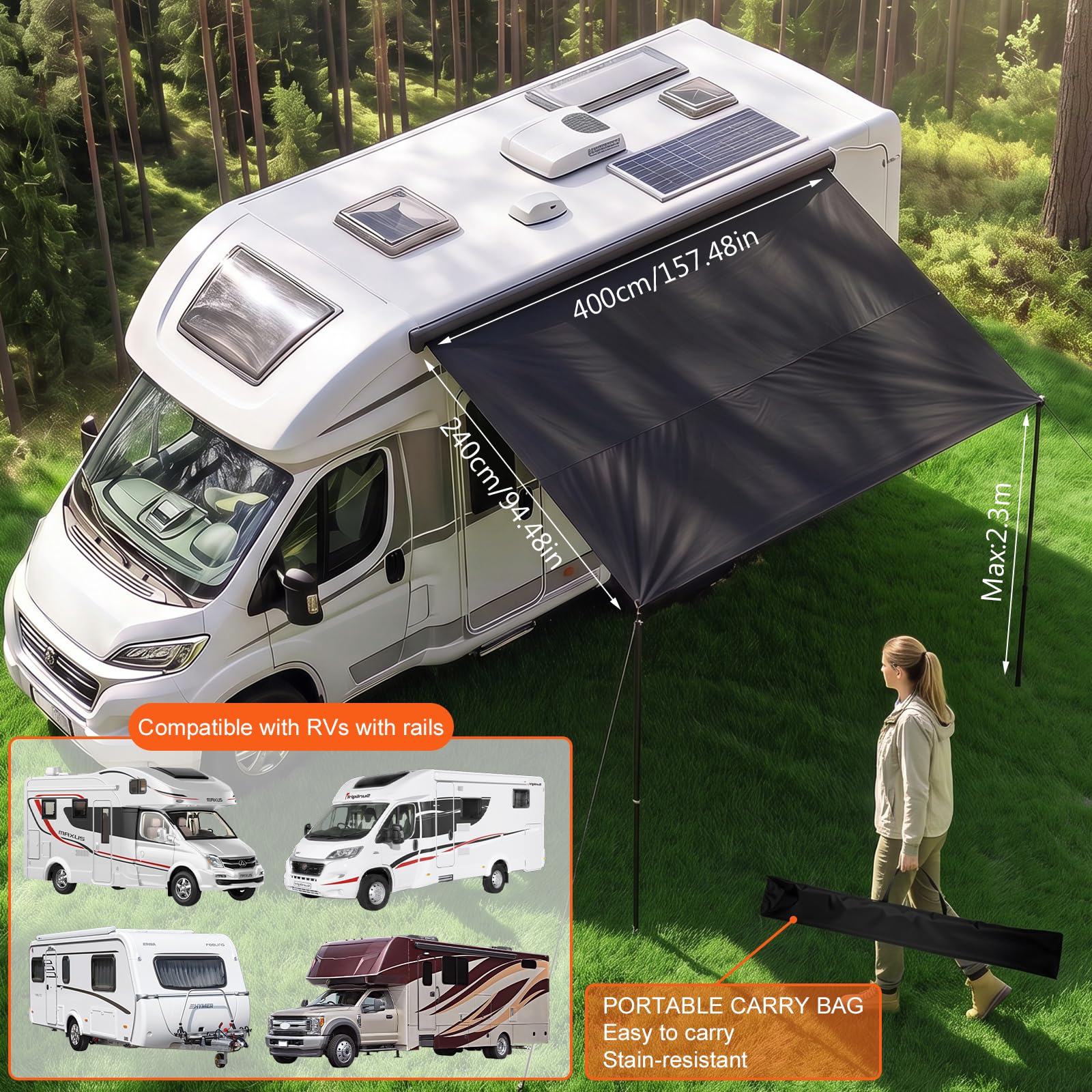 Toldo Caravana Impermeable Toldos para caravanas con Protección UV - Toldo Exterior 420D Oxford para Autocaravana, Furgoneta Camper (4m x 2.4m)