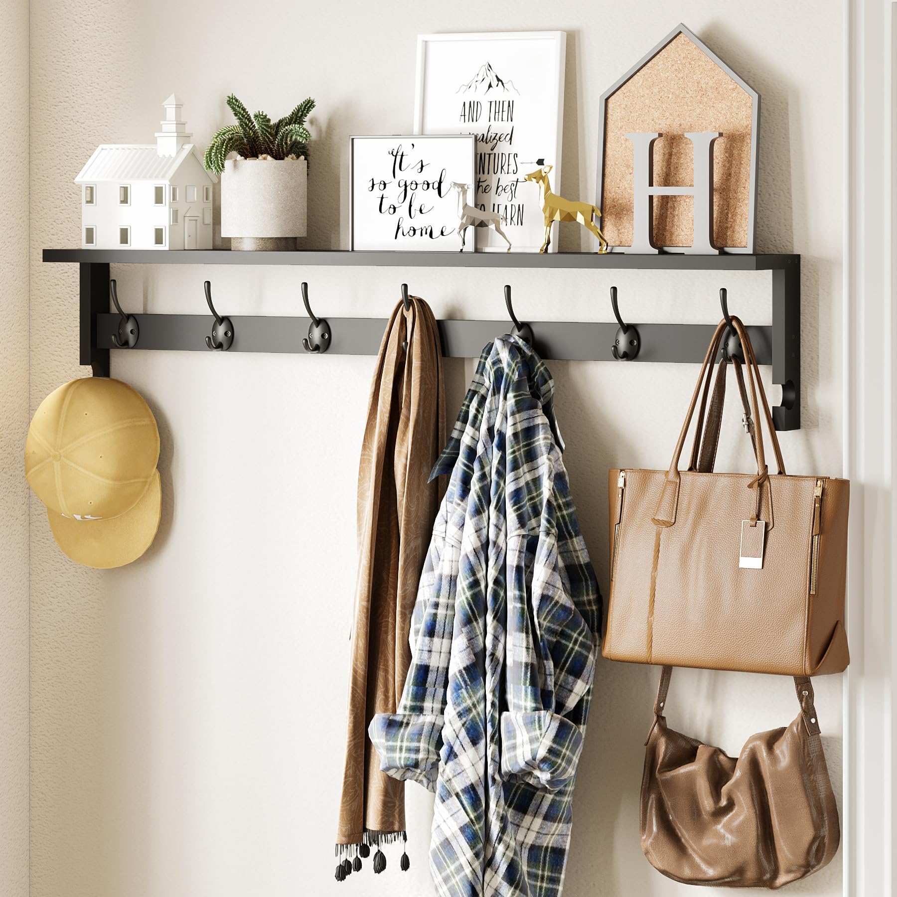 AMBIRD Coat Rack Wall Mount, 35 Inch Long Shelf with 7 Metal Hooks 2 Side Hooks, Wood Coat Hooks with Shelf, Wall Key Holder with Shelf in Entryway, Kitchen, Living Room, Bathroom, Bedroom (Black)