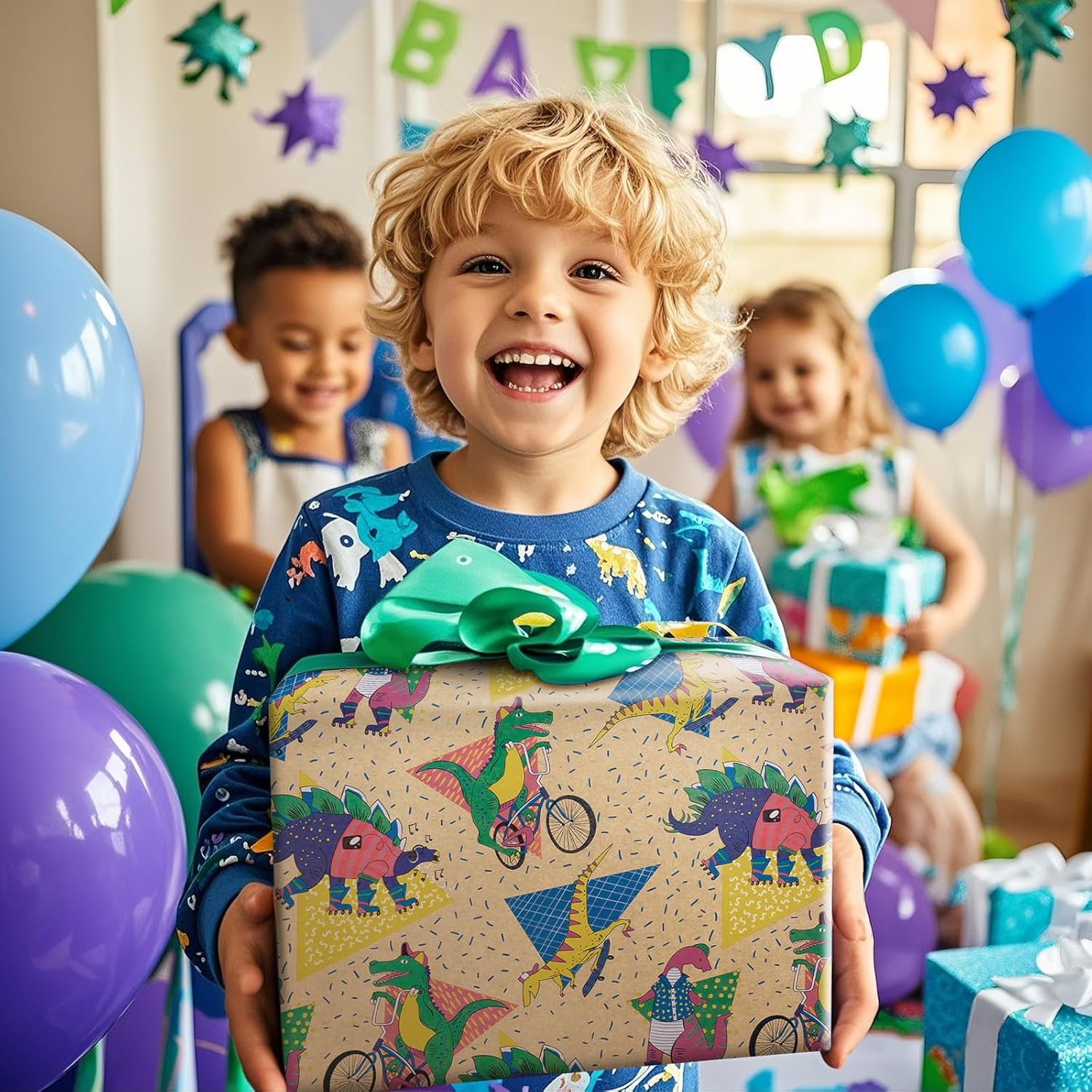 RUSPEPA Wrapping Paper Roll for Kids - 17 Inches x 16.4 Feet - Colorful Cartoon Dinosaur Design on Kraft Paper - Ideal for Boy or Neutral Gift Wrapping, Kids' Birthday Party and Baby Shower - Image 6