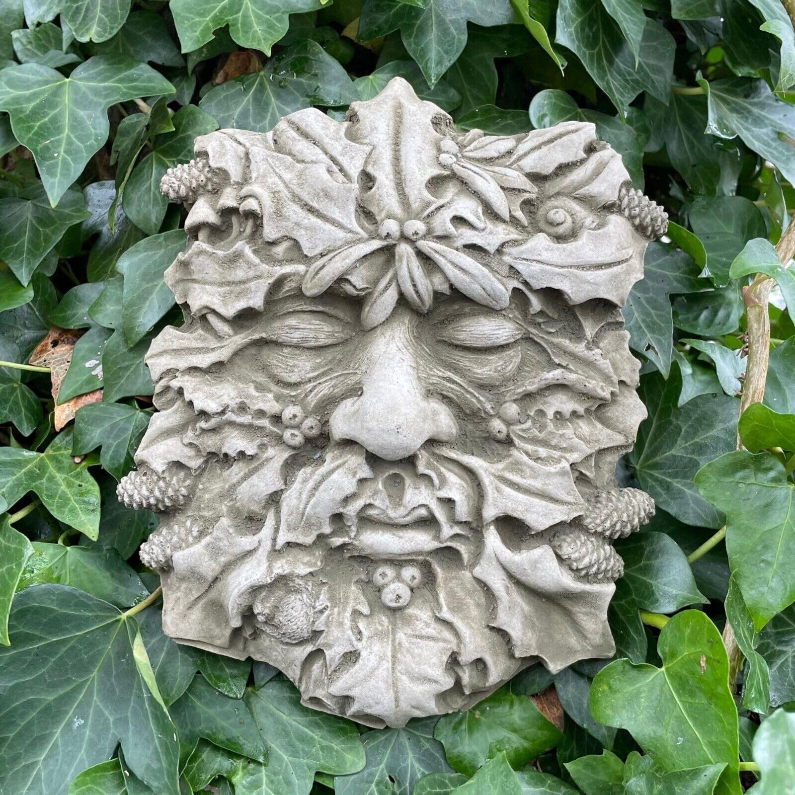 Winter Green Man Stone Hanging Plaque | Four Seasons Ivy Outdoor Garden Ornament